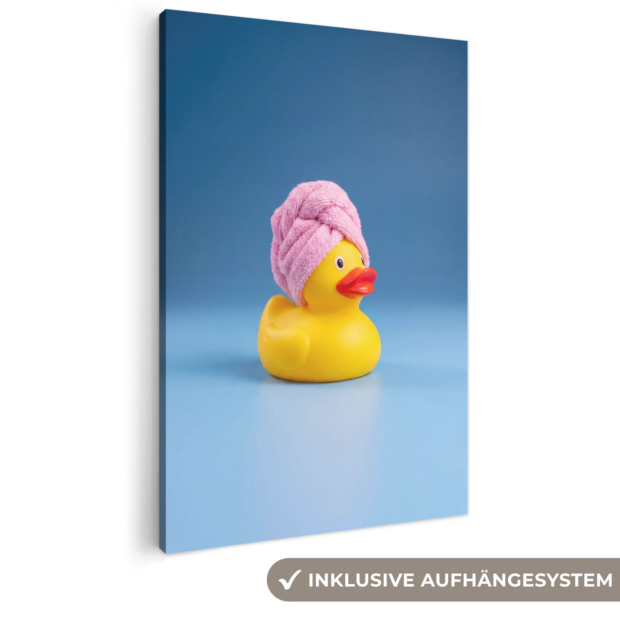 OneMillionCanvasses® Leinwandbild Gummi-Ente - Handtuch - Blau, Fotodruck (1 St), Leinwandbilder XXL für Wohnzimmer 90x140 cm