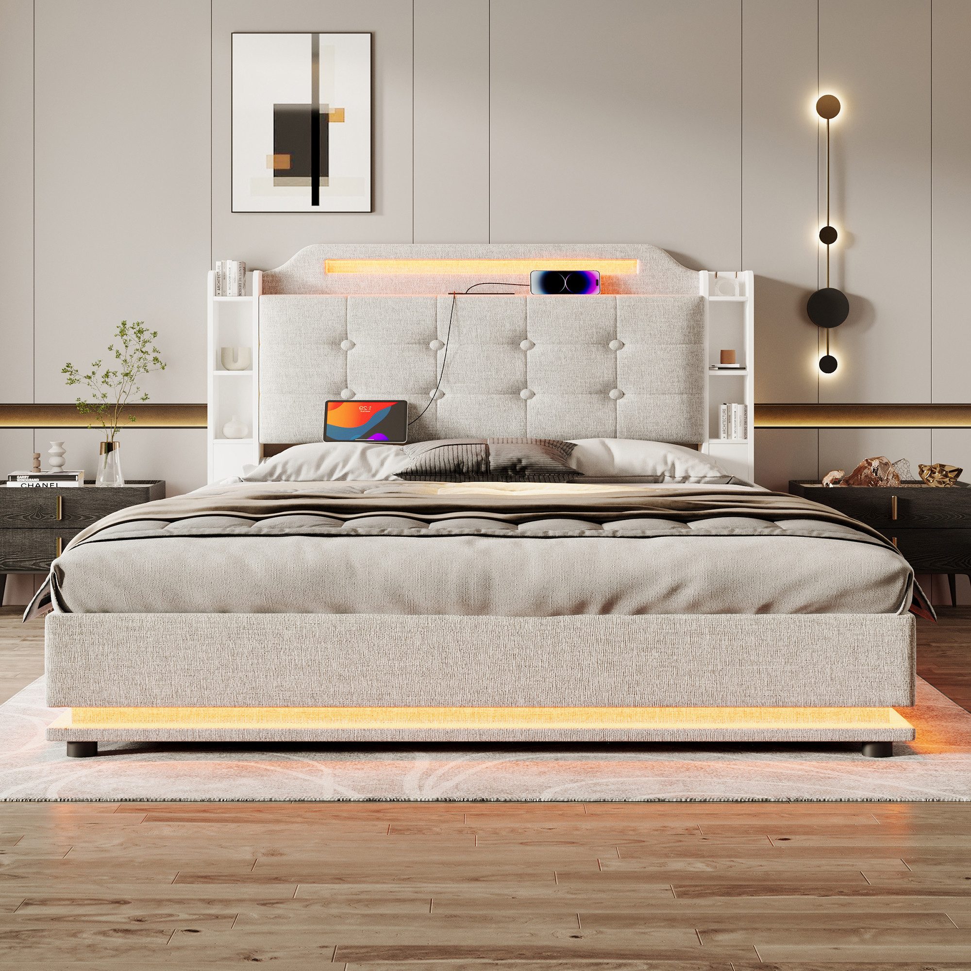 HAUSS SPOLE Polsterbett 140x200 cm mit LED-Lichtleiste, mehrere Ablagefäche günstig online kaufen