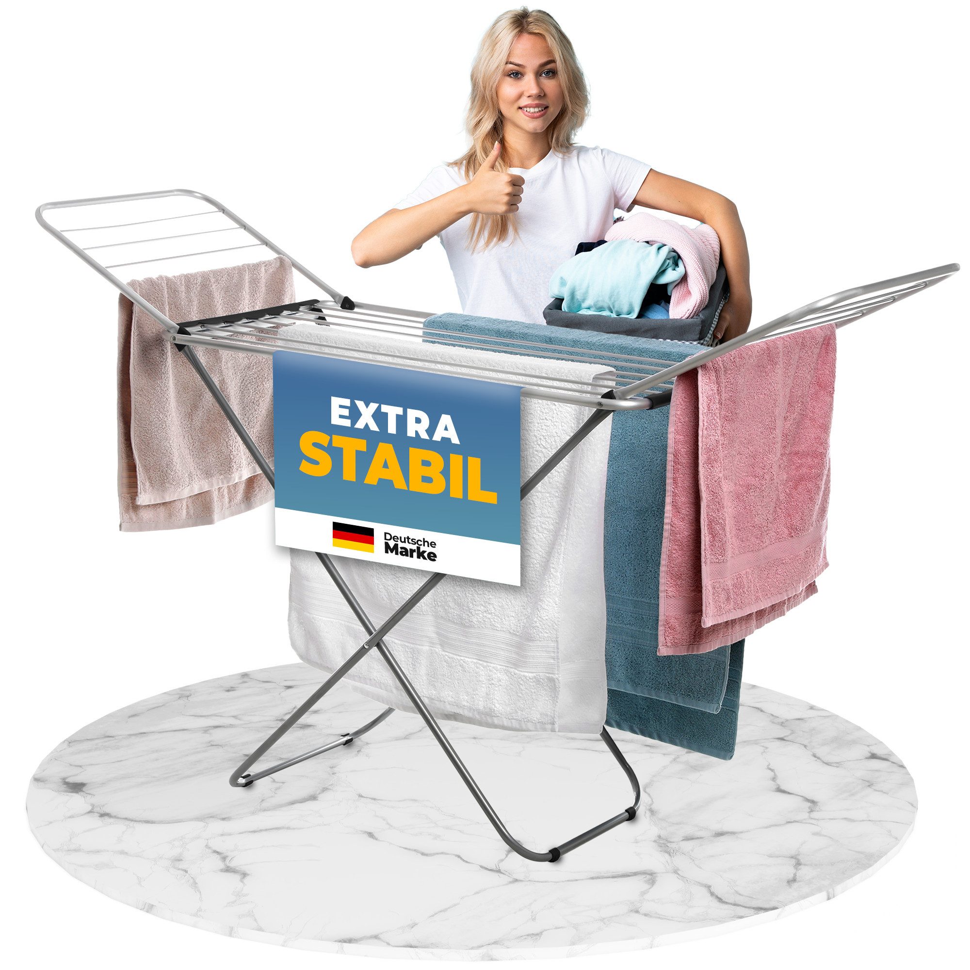 STAHLMANN COMMERCE GmbH Wäscheständer JETZT NEU Wäscheständer AluMeister inklusive Sockenhalterung, klappbar mit 18 M Trockenfläche - mit extra dicken Leinen
