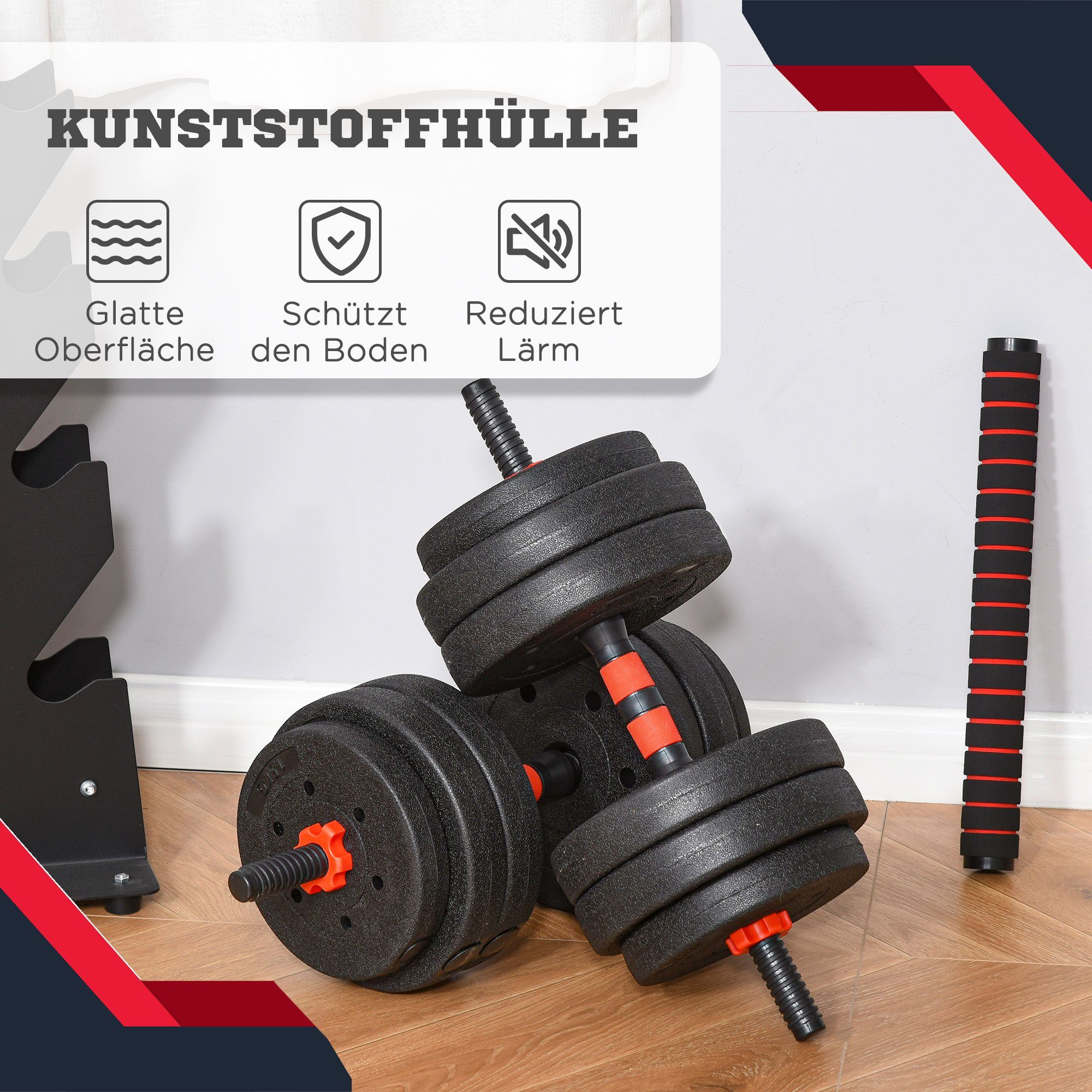 HOMCOM Hantel-Set professionell Dumbbell Krafttraining Kurzhantel für Fitness, und 25 kg (Set, 1 Hanteln Gewichtheben & verstellbare in 2 Langhantel), Set