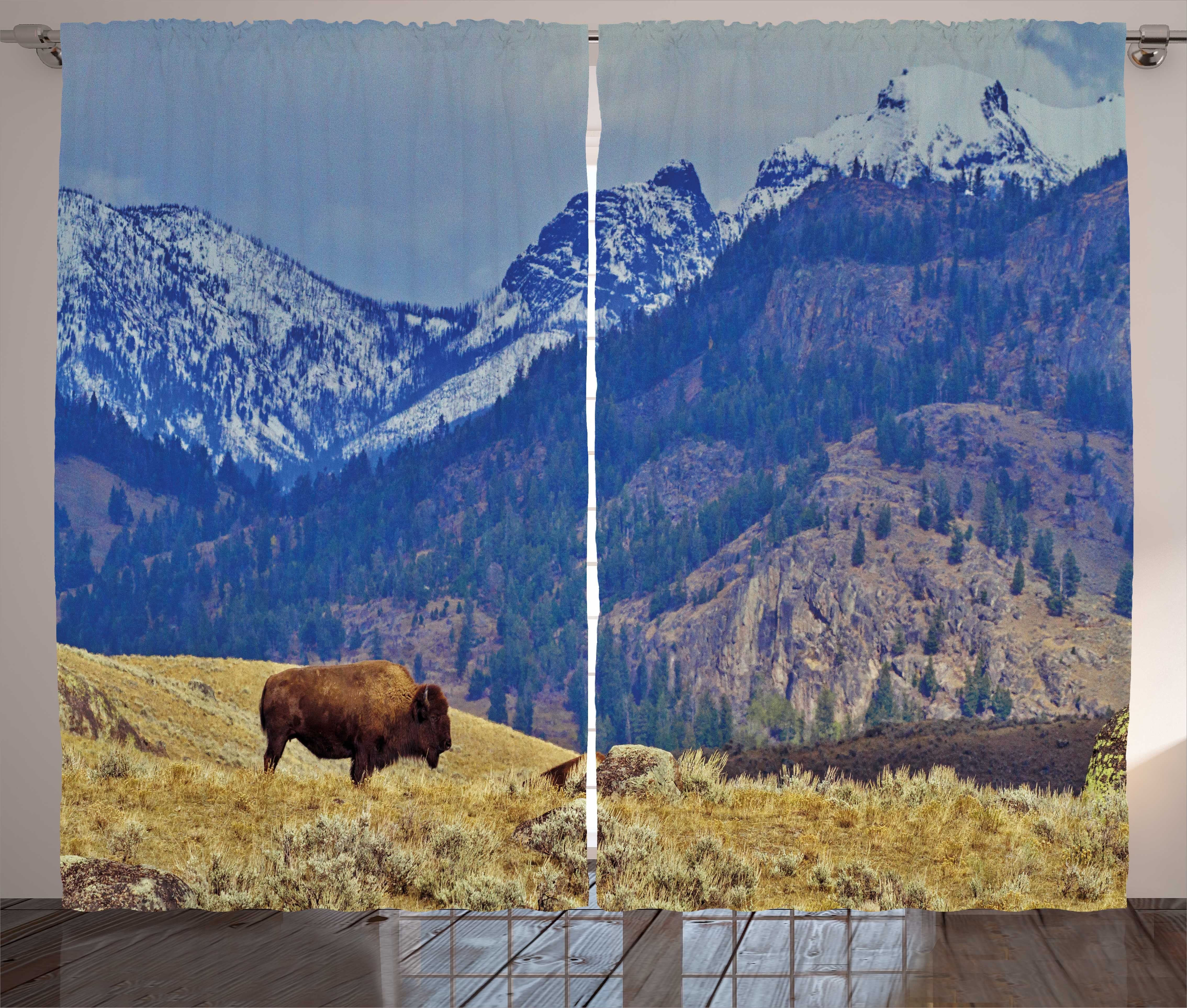 Haken, und Bison Abakuhaus, Kräuselband Schlafzimmer Snowy Schlaufen und Wyoming Mountains mit Gardine Vorhang