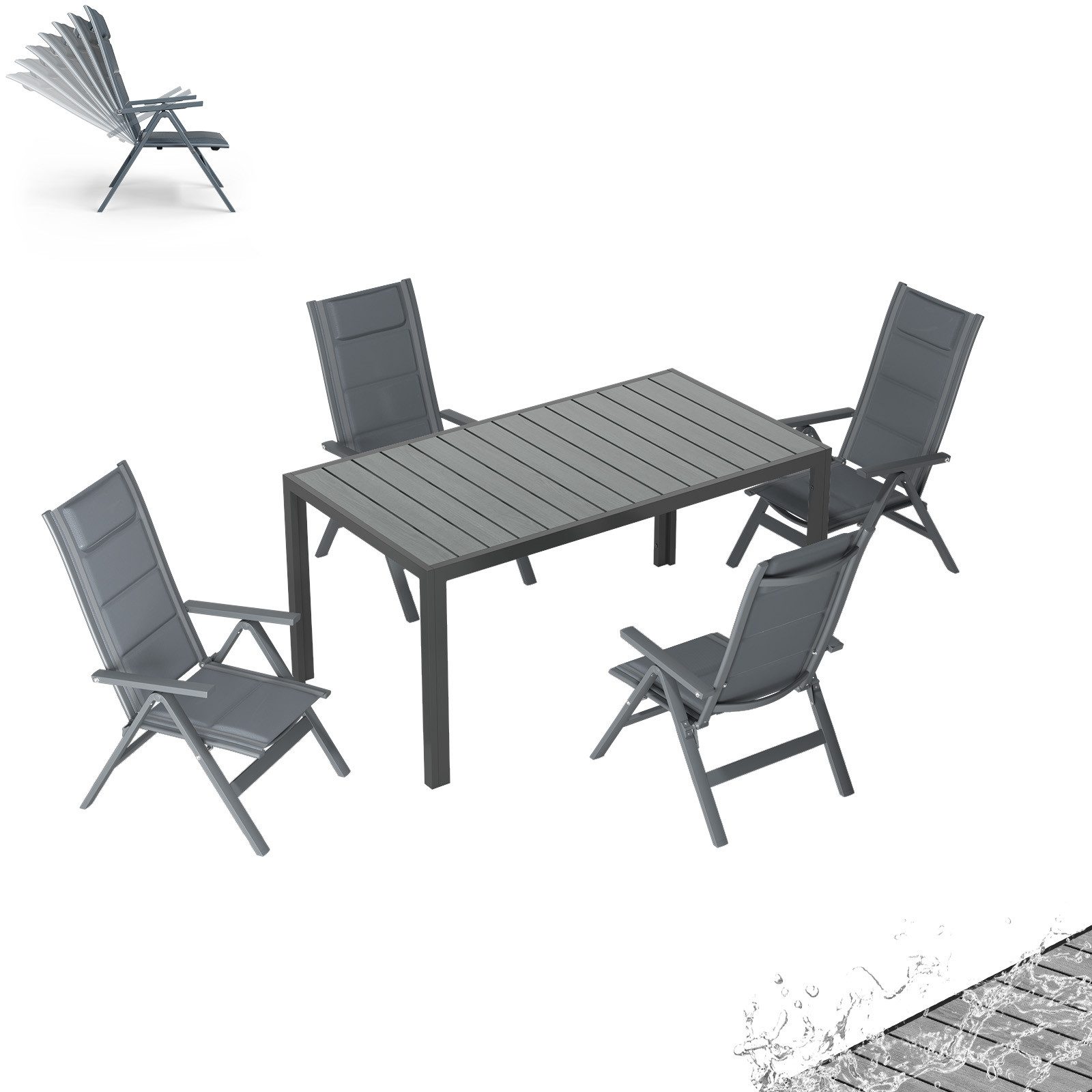 HOMALL Garten-Essgruppe Gartenmöbel Set aus klappbarer Armlehnstuhl und Aluminium Gartentisch, (5-tlg., 4 Klappstuhl (bis 160kg), 1Tisch (bis 100kg), Aluminium, Textilgewebe), Holzoptik Tisch & klappbare Stühle mit 7-fach verstellbarer Lehne