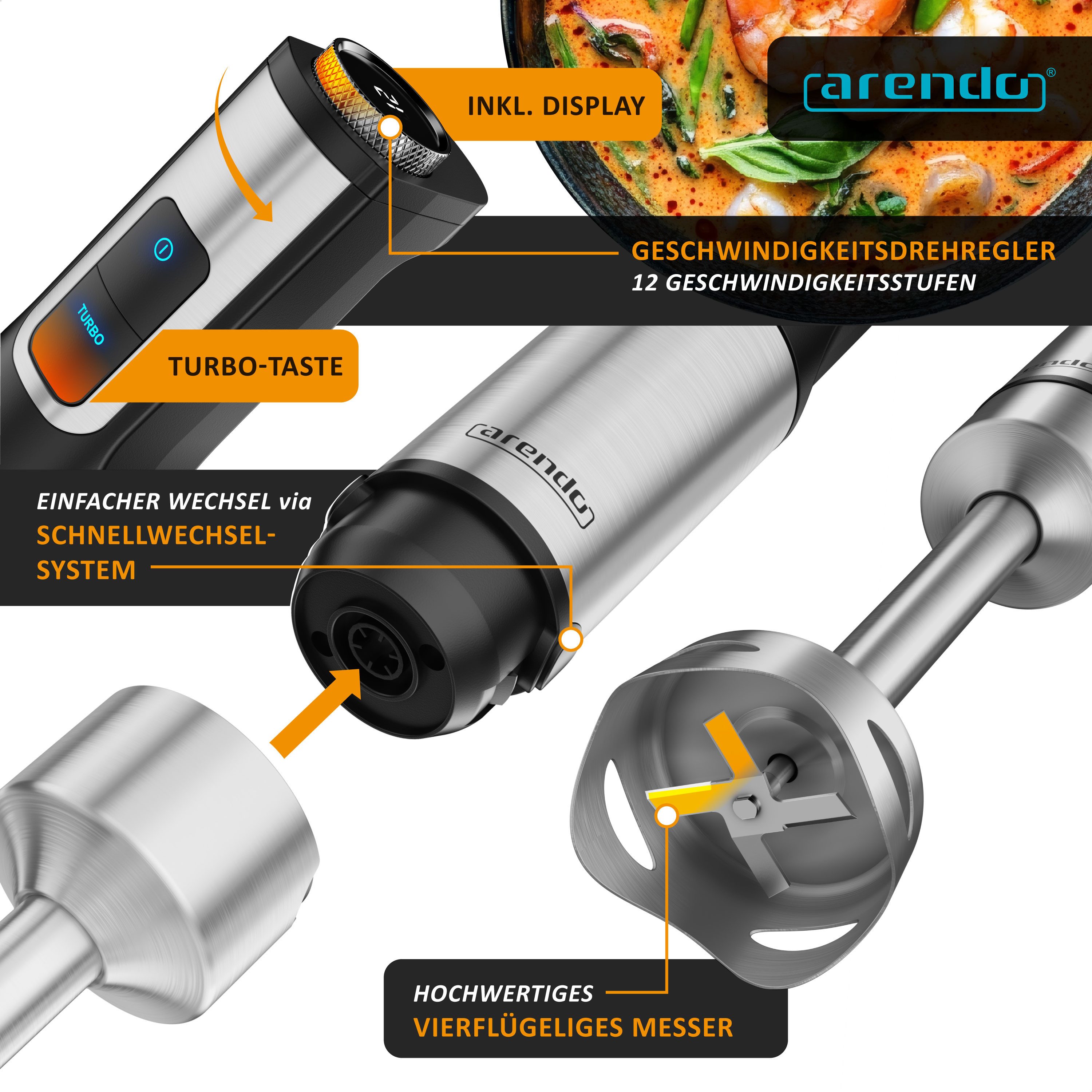 Arendo Stabmixer Set 1500 Watt, Edelstahl Pürierstab, Handmixer, 12 Geschwindigkeiten, 1500 W, Turbotaste, Abnehmbarer Mixfuß, DC-Motor, ergonomischer Griff