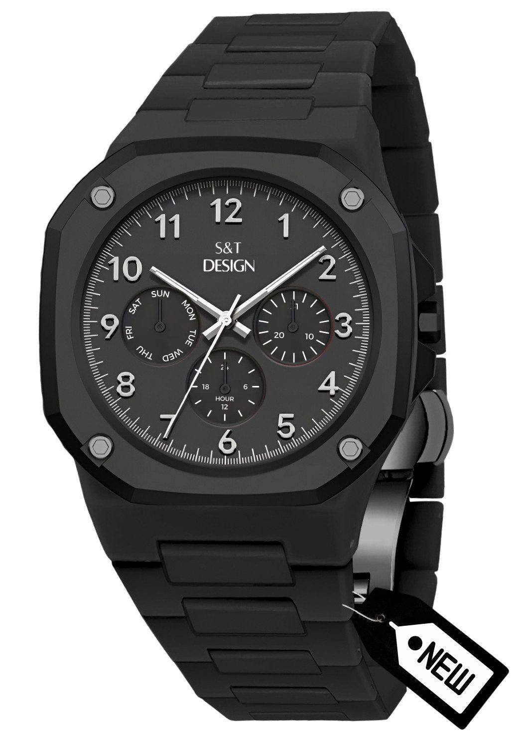 S&T Design Quarzuhr Herrenuhr Armbanduhr Schwarz Matte Männer Uhr Arabisch All Black, (Packung, 1-tlg., mit Armbandkürzer und Geschenkbox), Ultraleichte Herrenuhren 40g Matt Weich Elegant Minimalistisch Schwarz