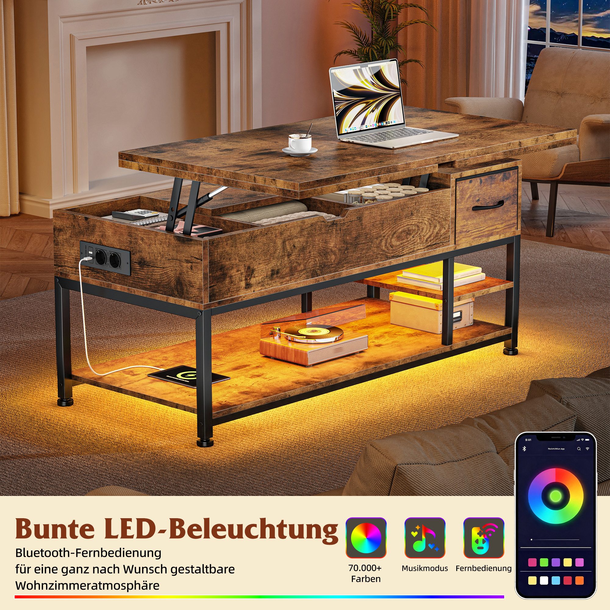 Klyvvo Couchtisch Höhenverstellbar mit LED und Stauraum, 4-in-1 Wohnzimmertisch (1-St), Steckdosen, USB, Coffee Table für Wohnzimmer, Büro, 1 Schubladen – Bild 3 von 5