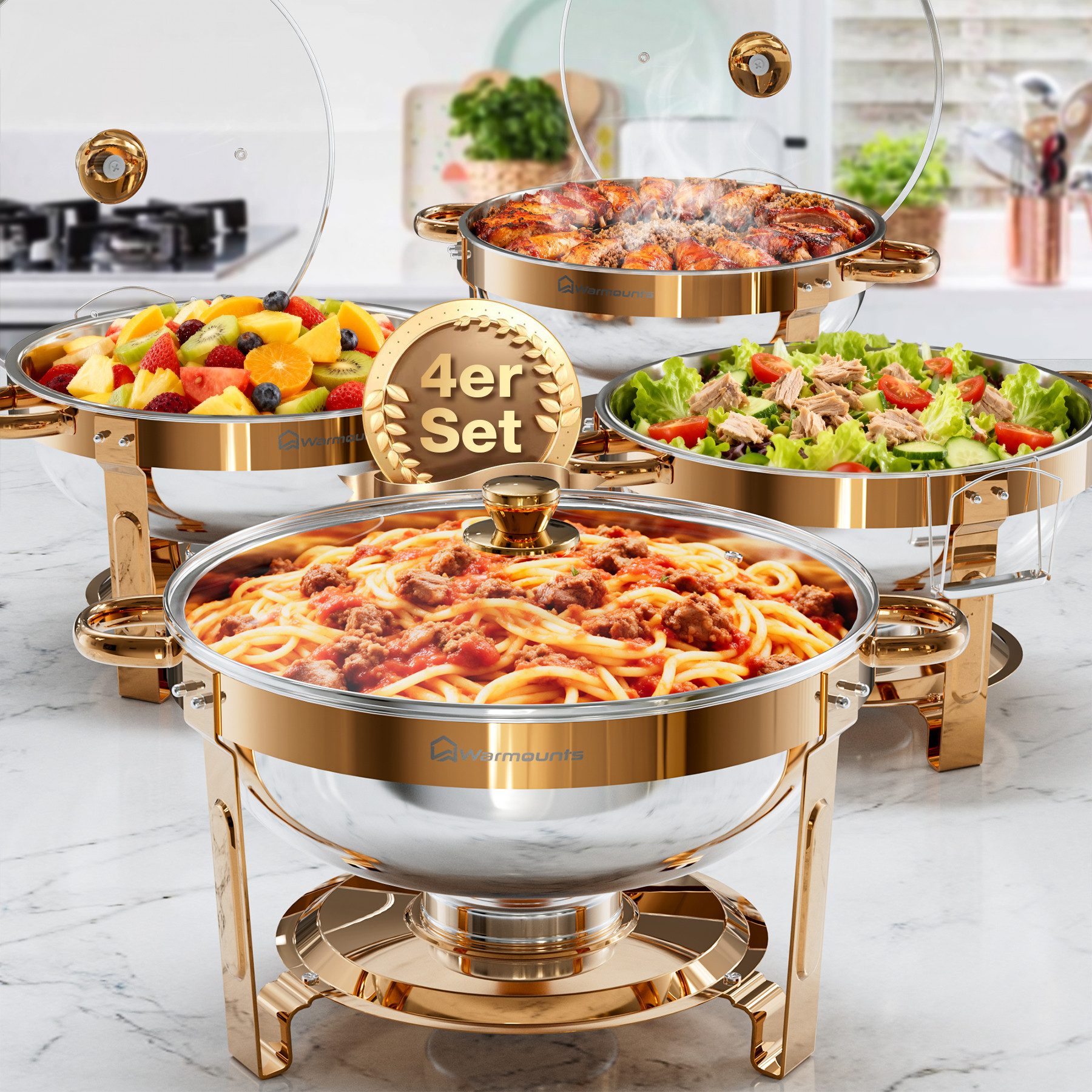 Warmounts Speisenwärmer, (4-tlg), Chafing Dish Speisenwärmer Set, rund, Edelstahl, Buffet Warmhalte-Set