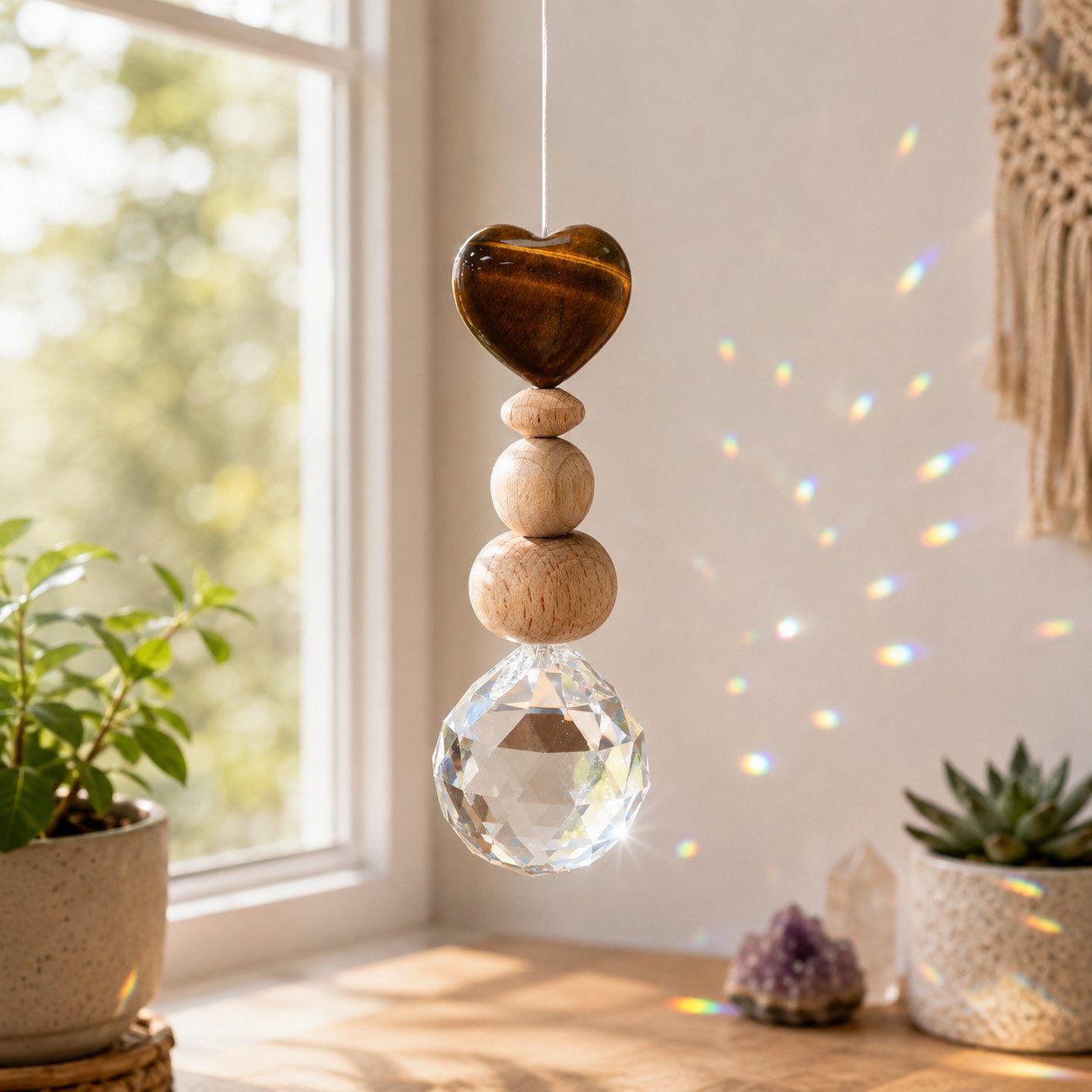 Karmandala Fensterdekoration Kristall Sonnenfänger mit Edelstein Windspiel Regenbogen Lichtfänger, echte Tigerauge-Natursteine für Mut, Selbstvertrauen und innere Stärke