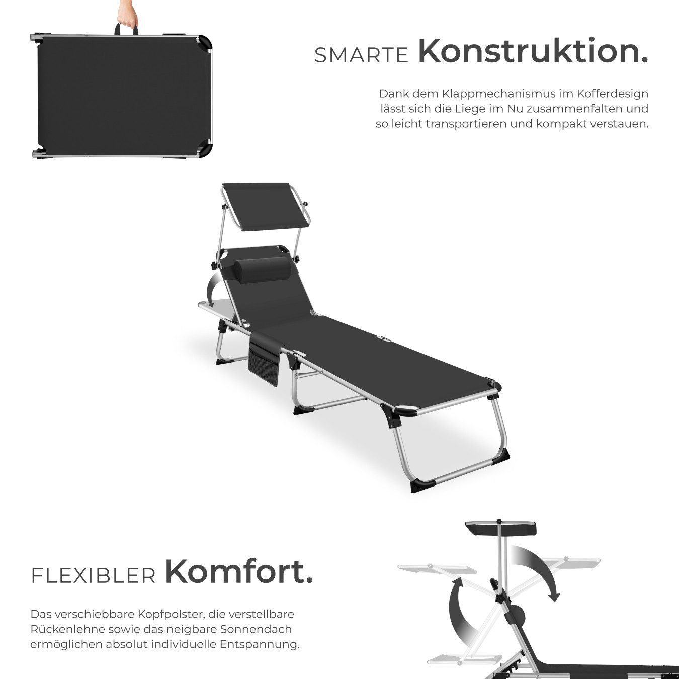 tectake Gartenliege klappbare Aluminium Sonnenliege mit Seitentasche, 218 x 60 x 33,5 cm, Balkonliege Aurelie, 1 St., für Außen in Schwarz, mit Kopfkissen, wetterfest und UV-beständig, verstellbar