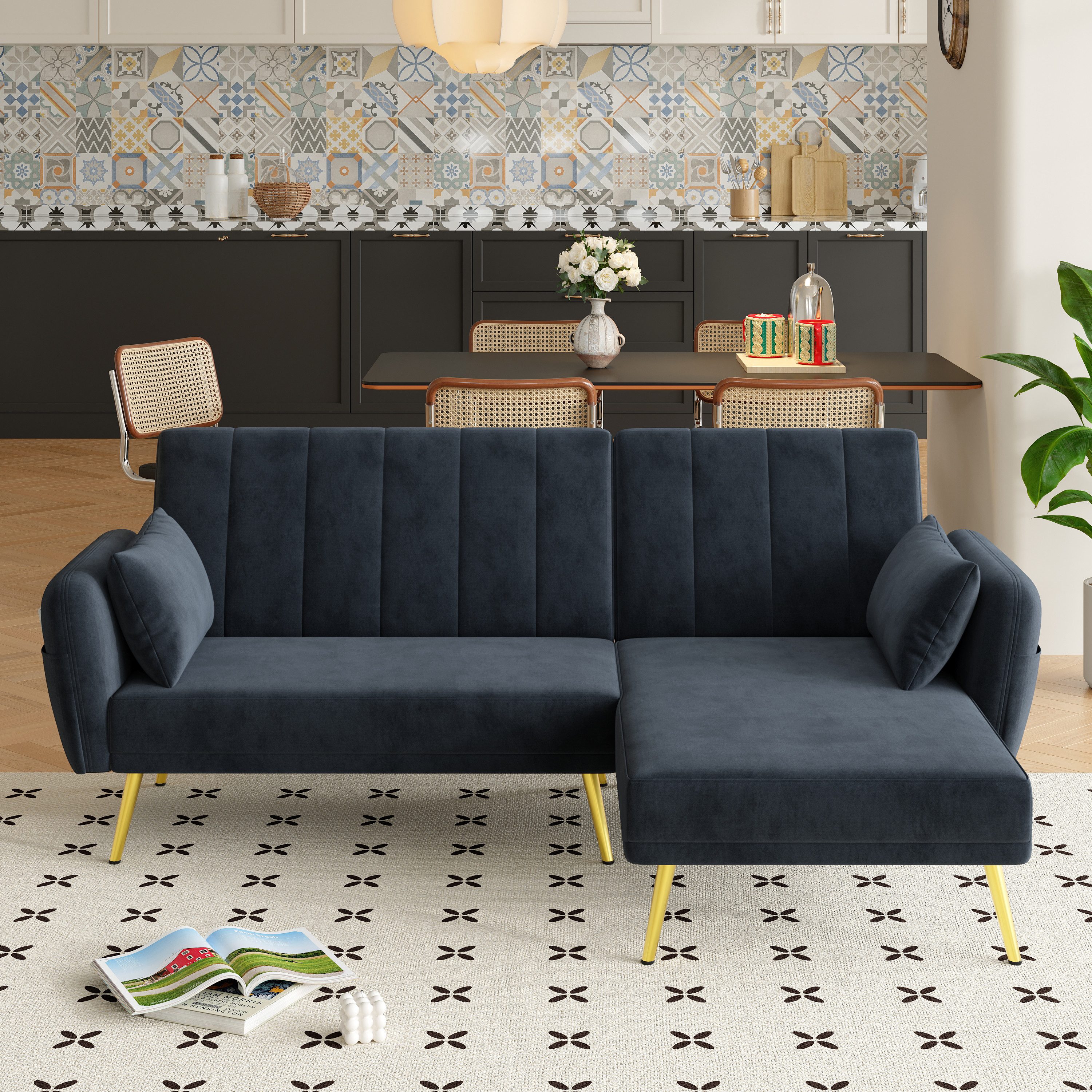 TavilaEcon Ecksofa Multifunktionales L-förmiges Sofa, Klappsofa mit Schlaffunktion, 1 Teile, mit Zusatzecke, 191.5*130.5*80cm, beige/schwarz