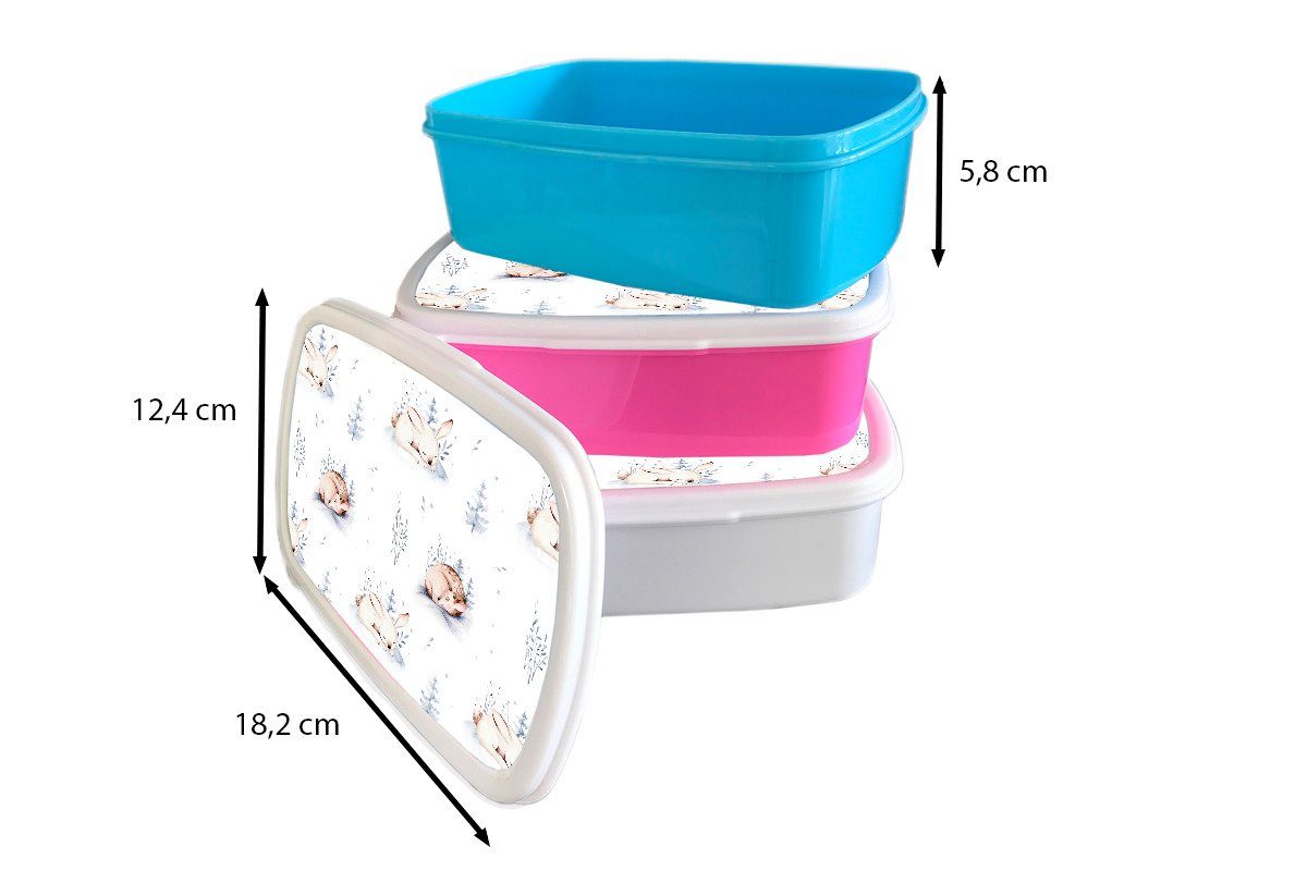Lunchbox Brotdose Winter Hasen Rehe, Brotbox Kunststoff - Kunststoff, für Erwachsene, MuchoWow Kinder, - Mädchen, (2-tlg), rosa Snackbox,