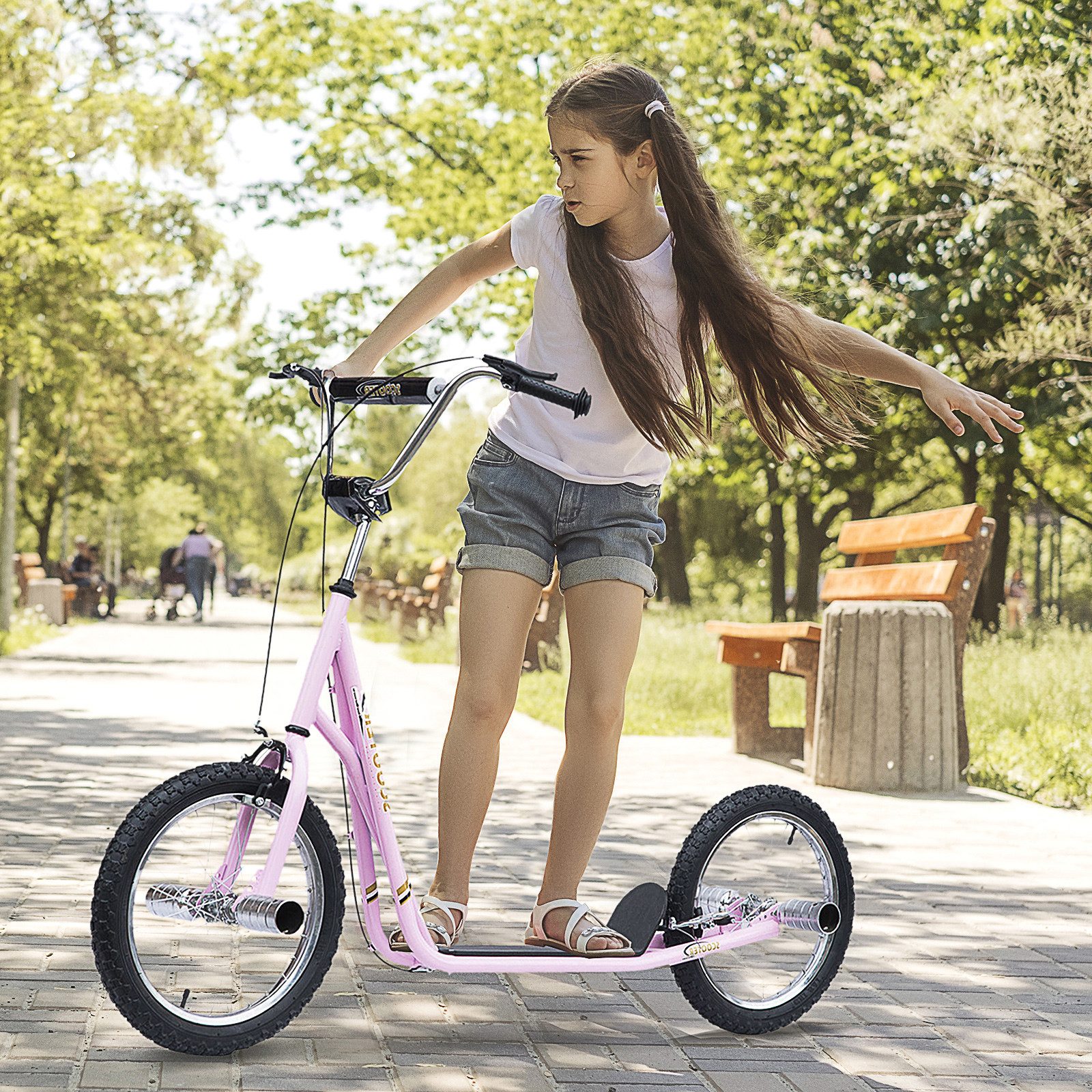 HOMCOM Cityroller Kinderroller Scooter mit verstellbarem Lenker, großen Rädern, 0 km/h, (Kickscooter, 1 tlg., Kinderroller), für Garten, Rosa – Bild 2 von 5