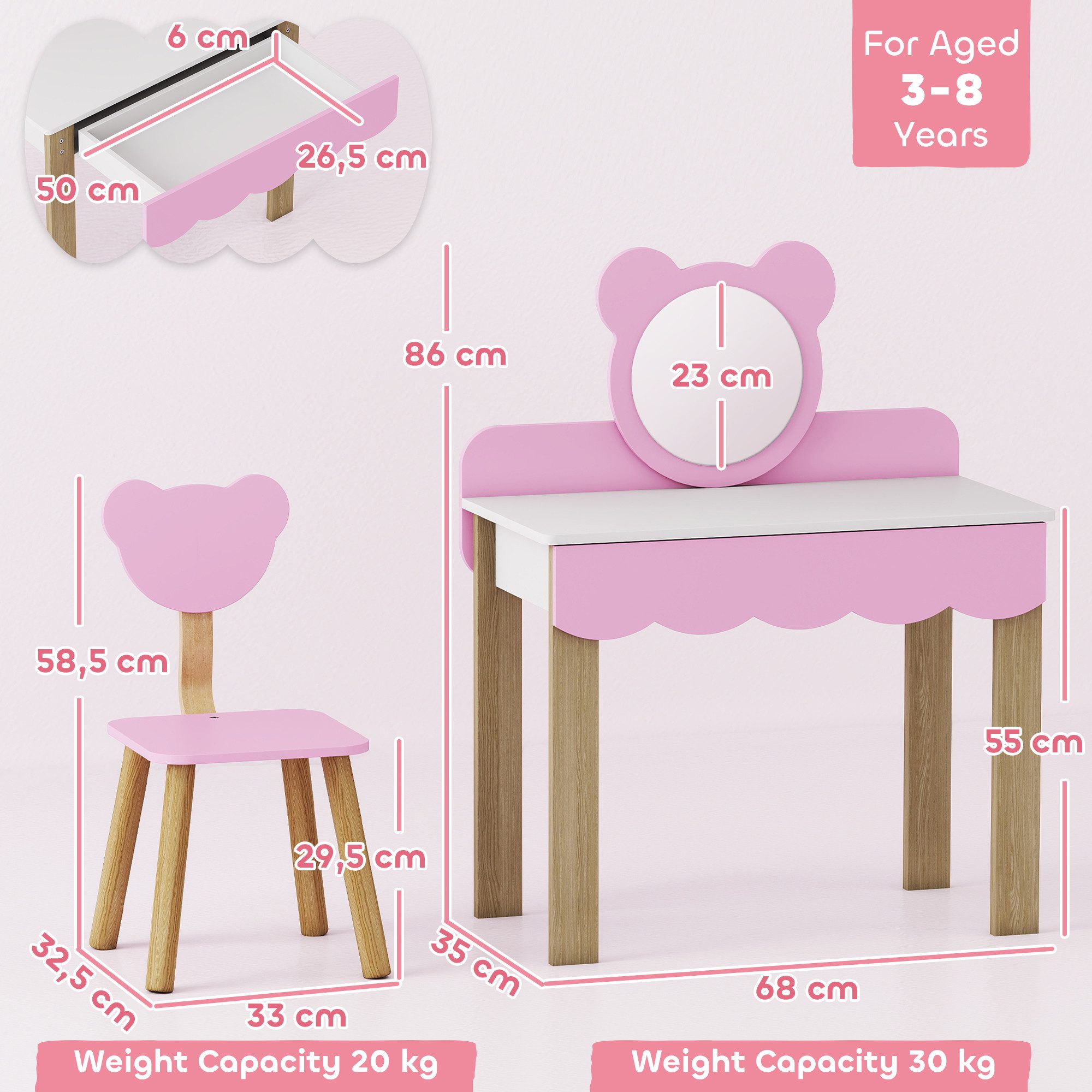 AIYAPLAY Schminktisch mit Hocker, Spiegel, Schubladen, Zubehör (Frisiertisch aus Holz, 2-St., Make-up Tisch Set im Bärendesign), Prinzessin Kosmetiktisch für Mädchen 3-8 Jahre Rosa