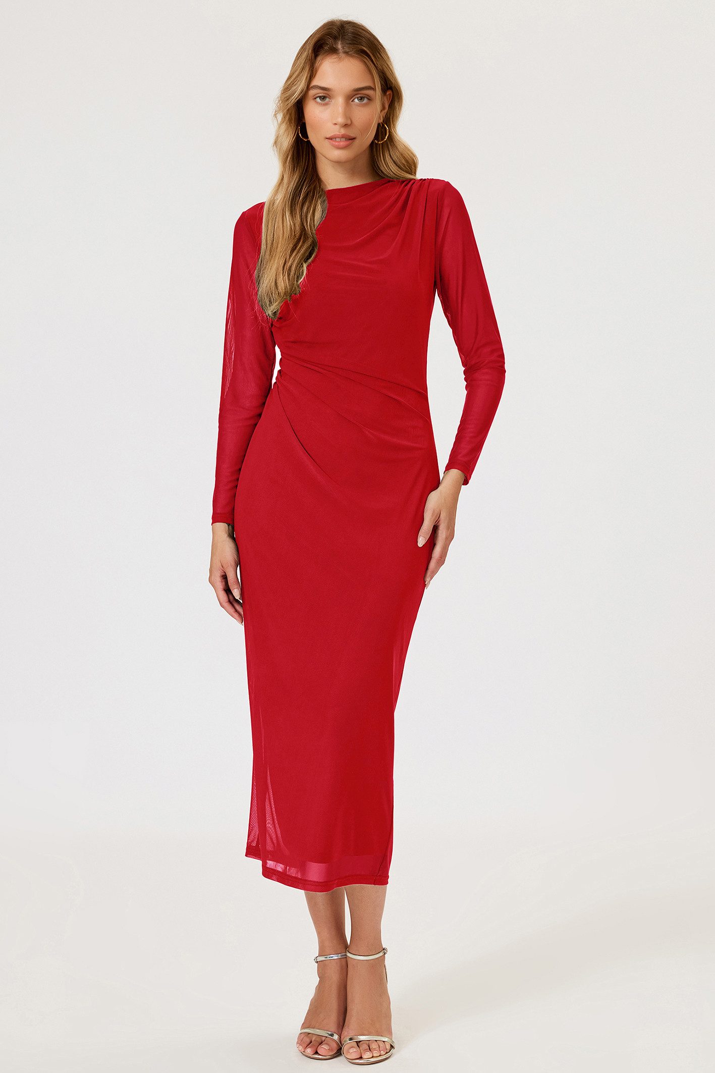 FS Collection Abendkleid Damen Abendkleid Maxikleid Partykleid Langarm Elegant Figurbetont (XS (EU:36 / UK:8) · S (EU:38 / UK:10) · M (EU:40 / UK:12) · L (EU:42 / UK:14) · XL (EU:44 / UK:16), 4 Farben: Teal, Rot, Grün und Aqua) Drapierter Ausschnitt, Taillenraffung, Mesh, figurbetonter Schnitt
