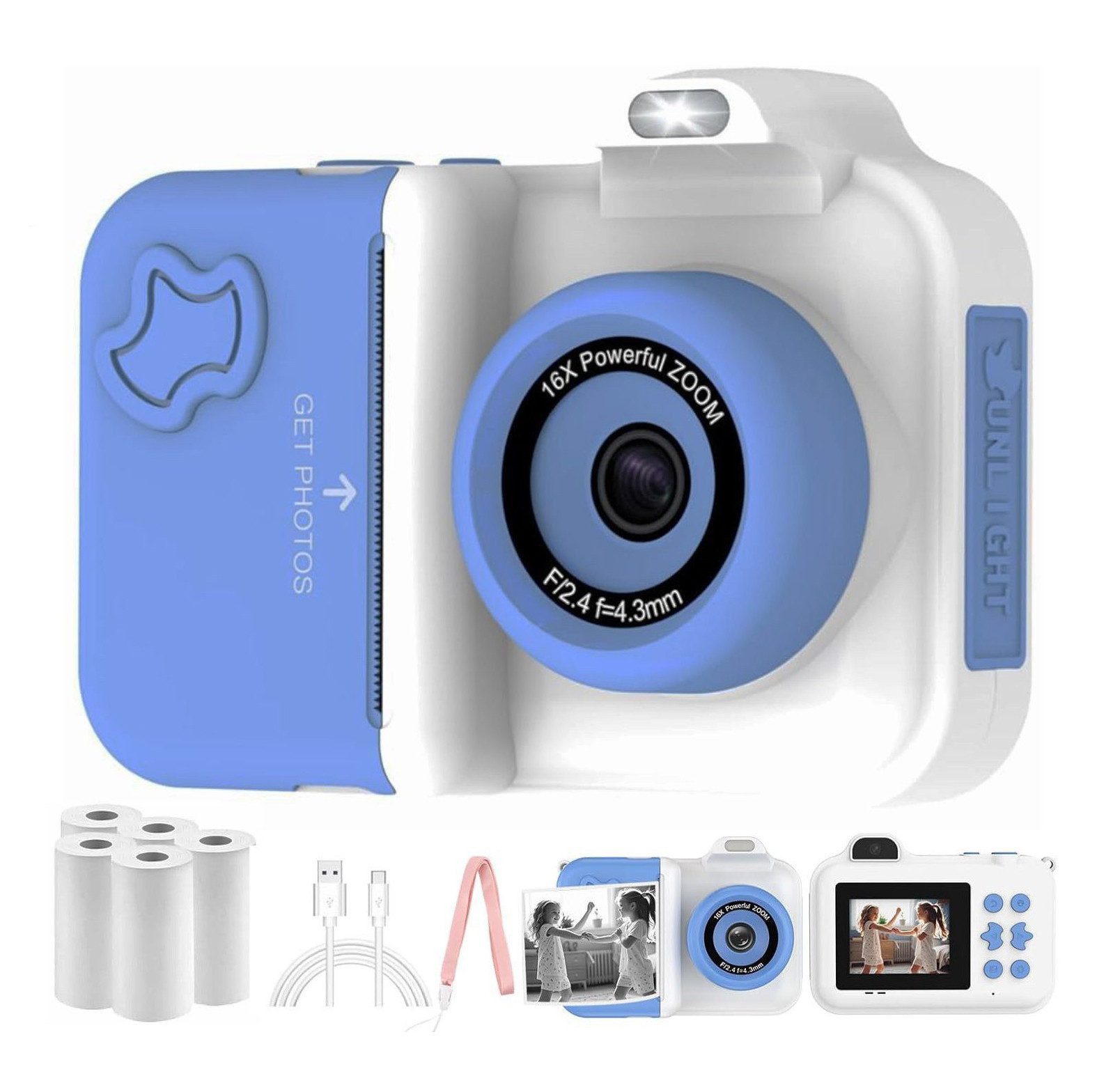 Toomoke Kinderkamera 1080P 2,4-Zoll-Bildschirm,Spielzeugkameras Kinderkamera (Doppelobjektive und 16-facher Digitalzoom, inkl. Sofortdruck auf Thermopapier, Videoaufzeichnung, Fotografie, Zeitrafferfotografie, Kinderspiele, MP3, Fotoaufkleber)