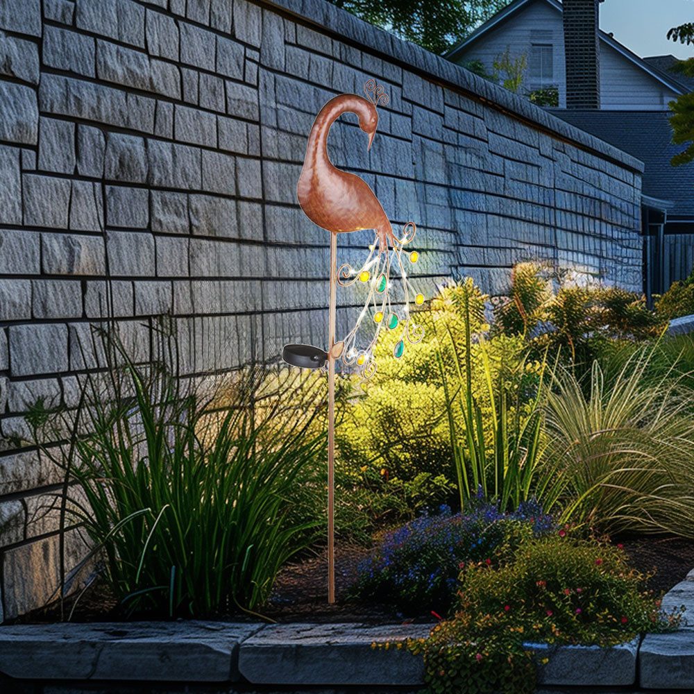 GLOBO LIGHTING LED Solarleuchte, LED-Leuchtmittel fest verbaut, Warmweiß, LED Solar Erspieß Steck Leuchte Garten Weg Beet Beleuchtung Pfau Lampe