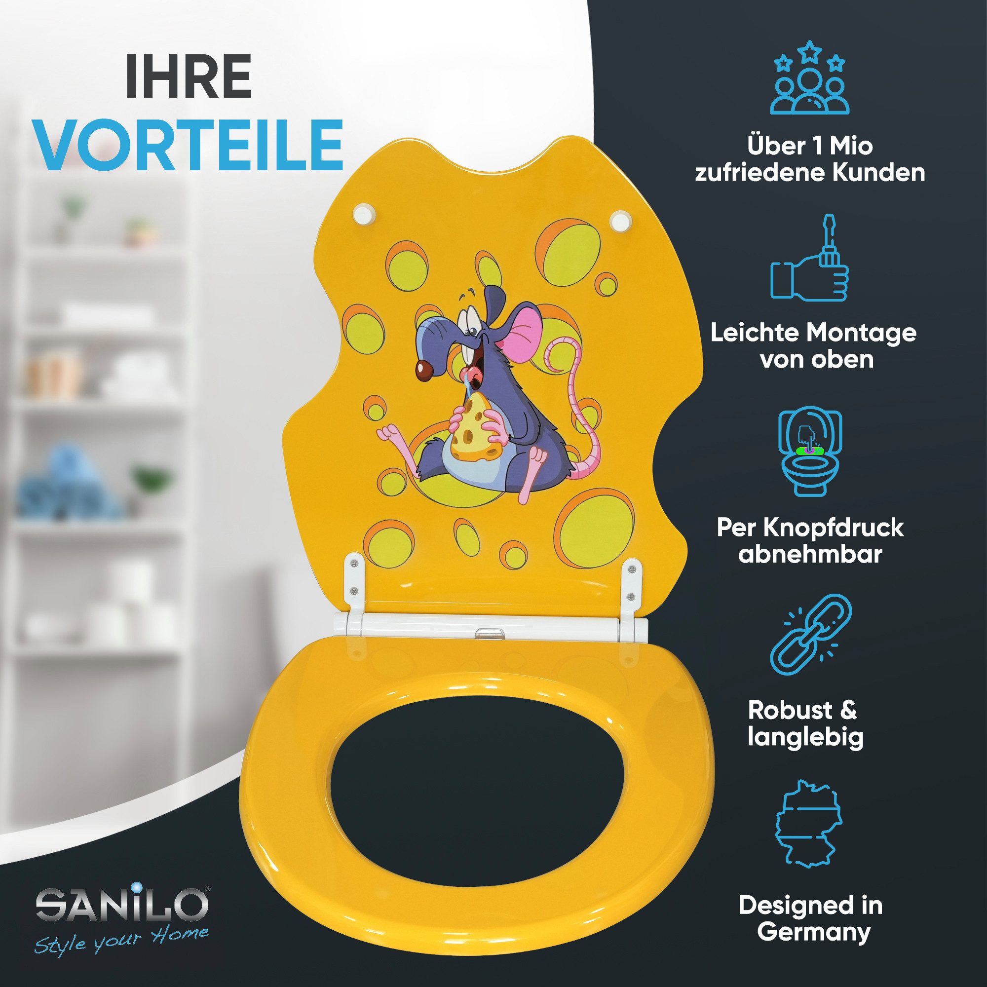 Sanilo WC-Sitz Cheesy mit Absenkautomatik & Quick Release, Premium Toilettendeckel, abnehmbar, leichte Montage von oben