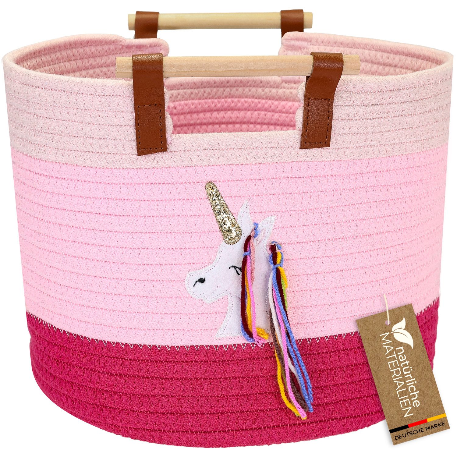 HMF Aufbewahrungskorb Aufbewahrungskorb mit Holzgriffen, runder Korb, Baumwolle für Kinderzimmer oder Babyzimmer, Einhorn, 30 x 30 x 24 cm