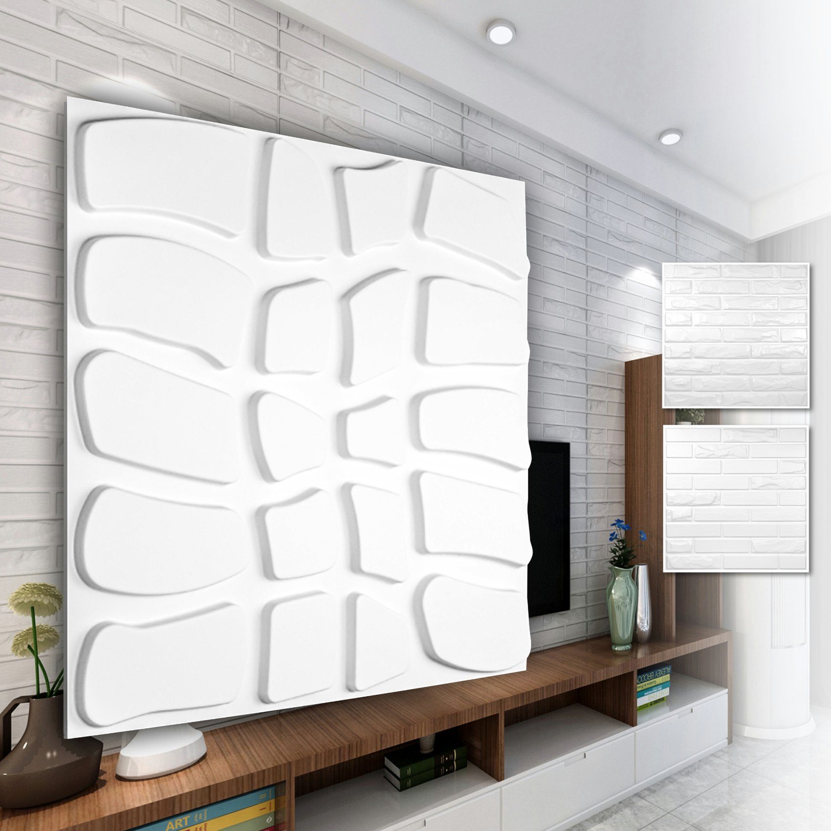Hexim Wanddekoobjekt HD065 (PVC Kunststoff - weiße Wandverkleidung mit 3D Optik - Steinoptik Motive (2 qm 8 Platten) Dekor Wandverblender Steine)