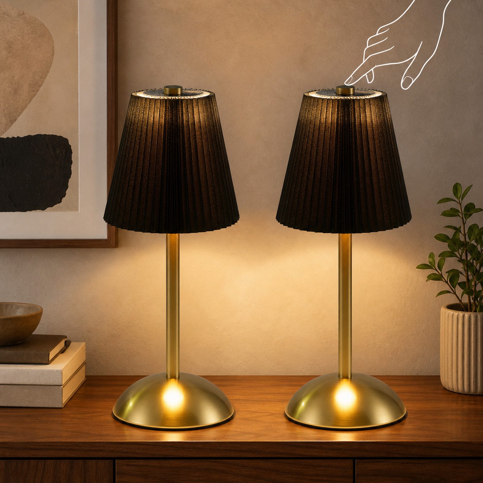 Nettlife LED Tischleuchte 2er Stoff Schwarz/Grün/Weiß/Orange/Graublau Nachttischleuchte, 3 Lichtfarben Akku-Betrieb USB-ladbar, Schlafzimmer Wohnzimmer Arbeitszimmer Büros Eingangsbereiche