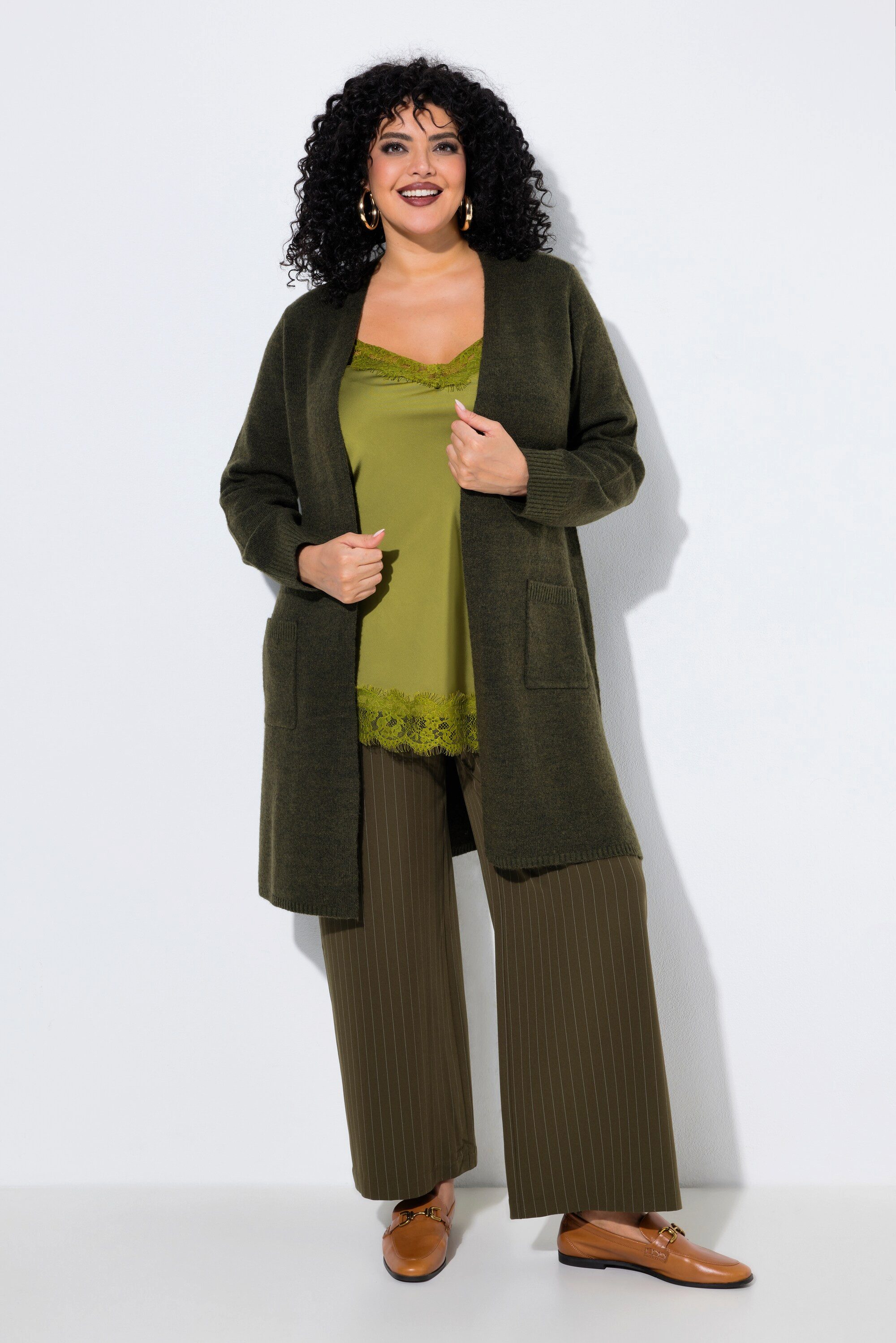 Ulla Popken Strickjacke Long-Strickjacke offene Form V-Ausschnitt