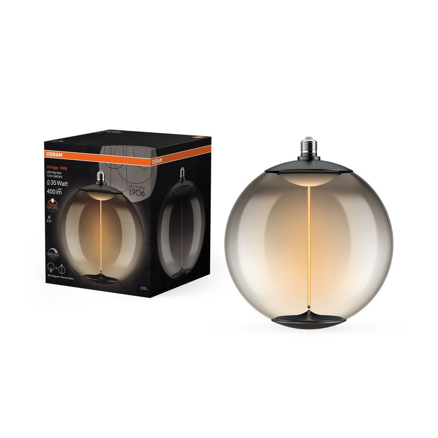 Licht-Erlebnisse LED-Leuchtmittel LAMP, E27, Warmweiß, XXL Lampe E27 Ø 28 cm 1800 K 400 lm Rauchgrau ultra-warmweiß dimmbar