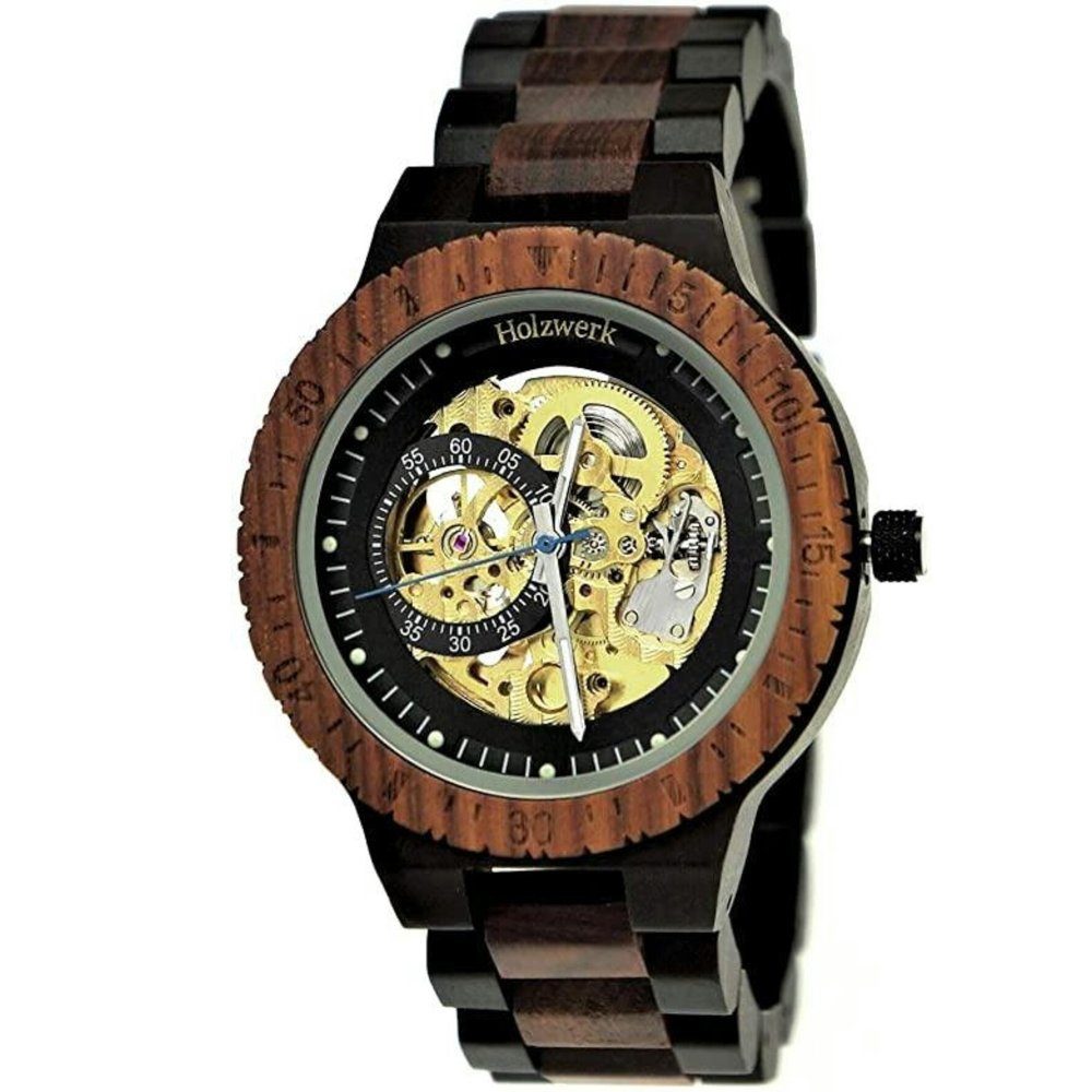 dunkel Holzwerk Holz braun, gold offene DASSEL Uhr, Unruhe Armband in Automatikuhr Herren