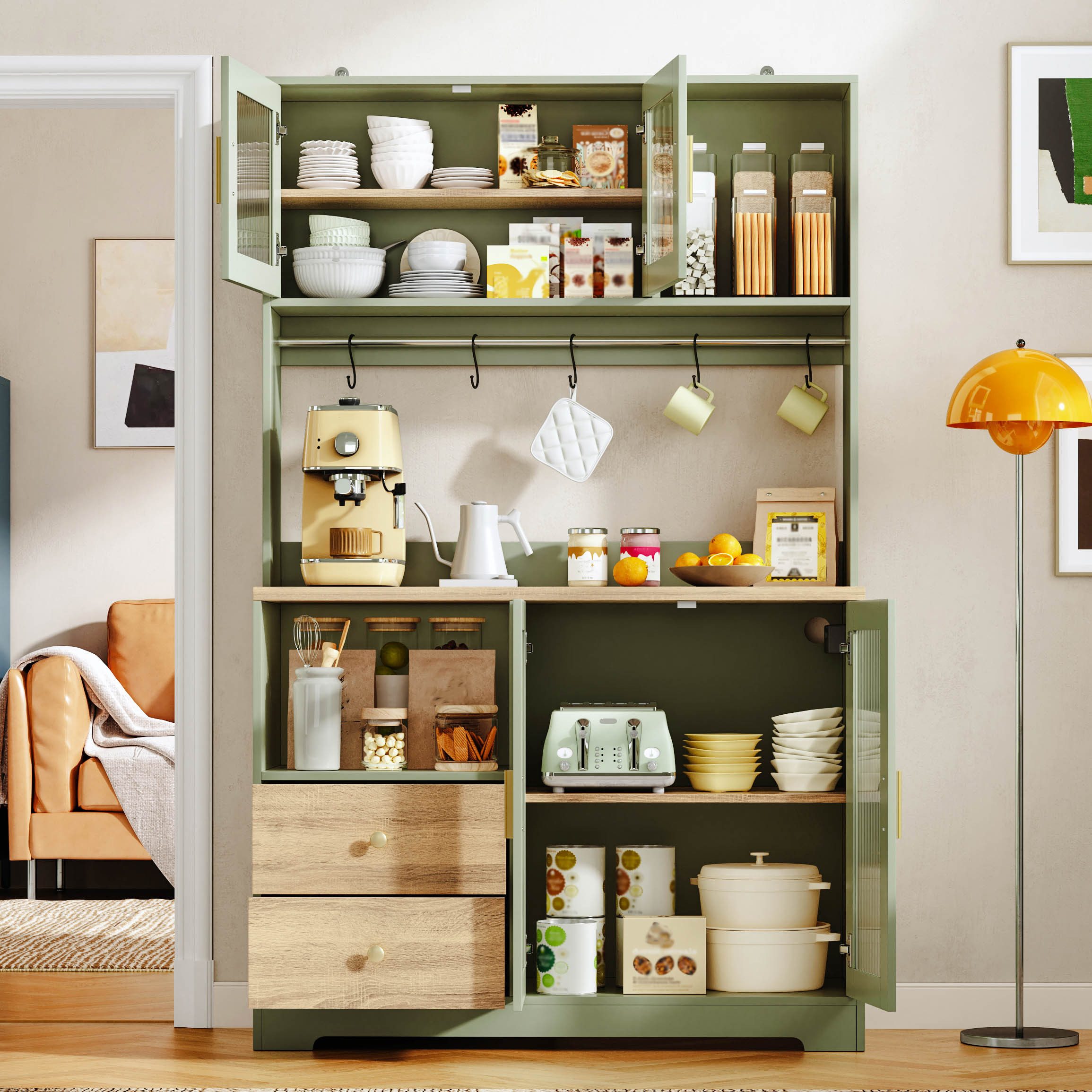 Flieks Küchenbuffet Hochschrank mit Arbeitsplatte in Holzoptik, Steckdose, LED-Beleuchtung (B110/T40/H178 cm, 1-St., Multifunktionsschrank mit Haken, Ladenfunktion) Küchenschrank Mehrzweckschrank mit Glastür, verstellbarer Ablagen Grün