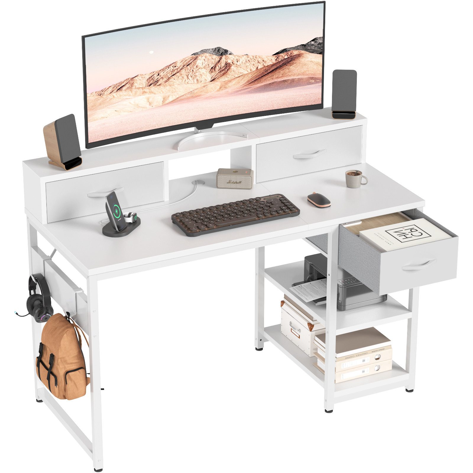 HOMALL Schreibtisch Klappbarer Schreibtisch mit Monitorhalterung Gaming-Schreibtisch (1,2 m lang, mit 3 Schubladen und 2 Ablagen, kann sowohl links als auch rechts montiert werden)