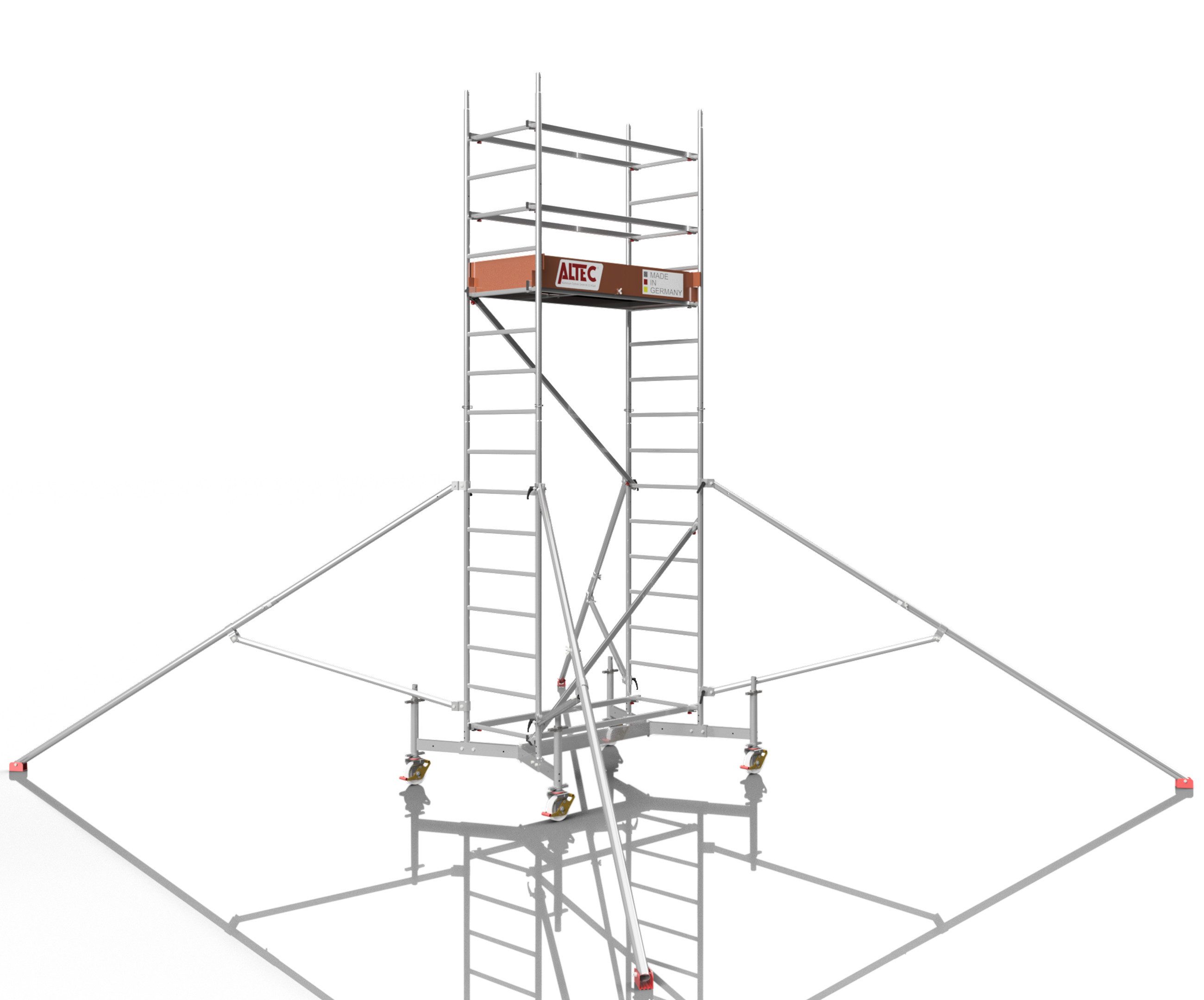 ALTEC Aluminium Fahrgerüst Rollfix 1.0, Ø150mm Rollen, teleskopierbare Traverse, Dreieckausleger, maximale Arbeitshöhe 10 Meter