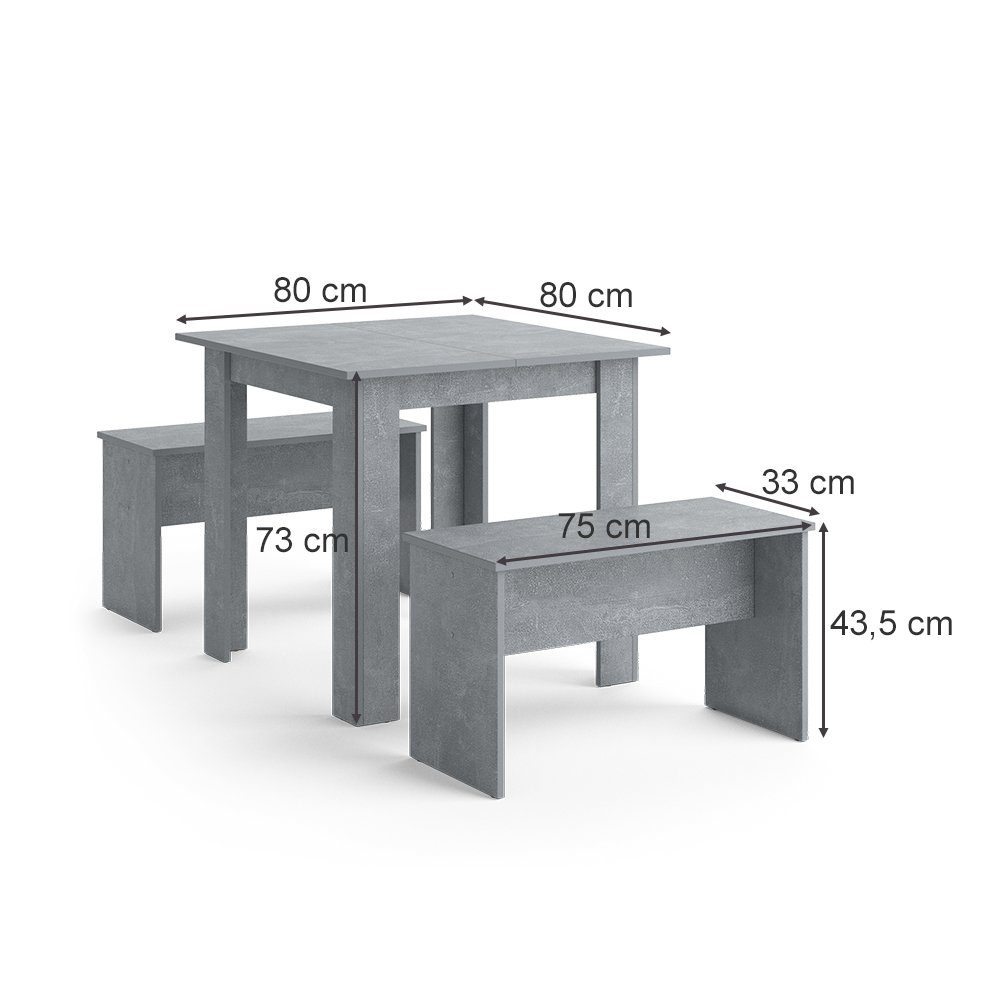 3-tlg., (Set, 80 cm Sitzgruppe Tischgruppe Essgruppe Vicco platzsparend Beton, Set), SENTIO 3-er