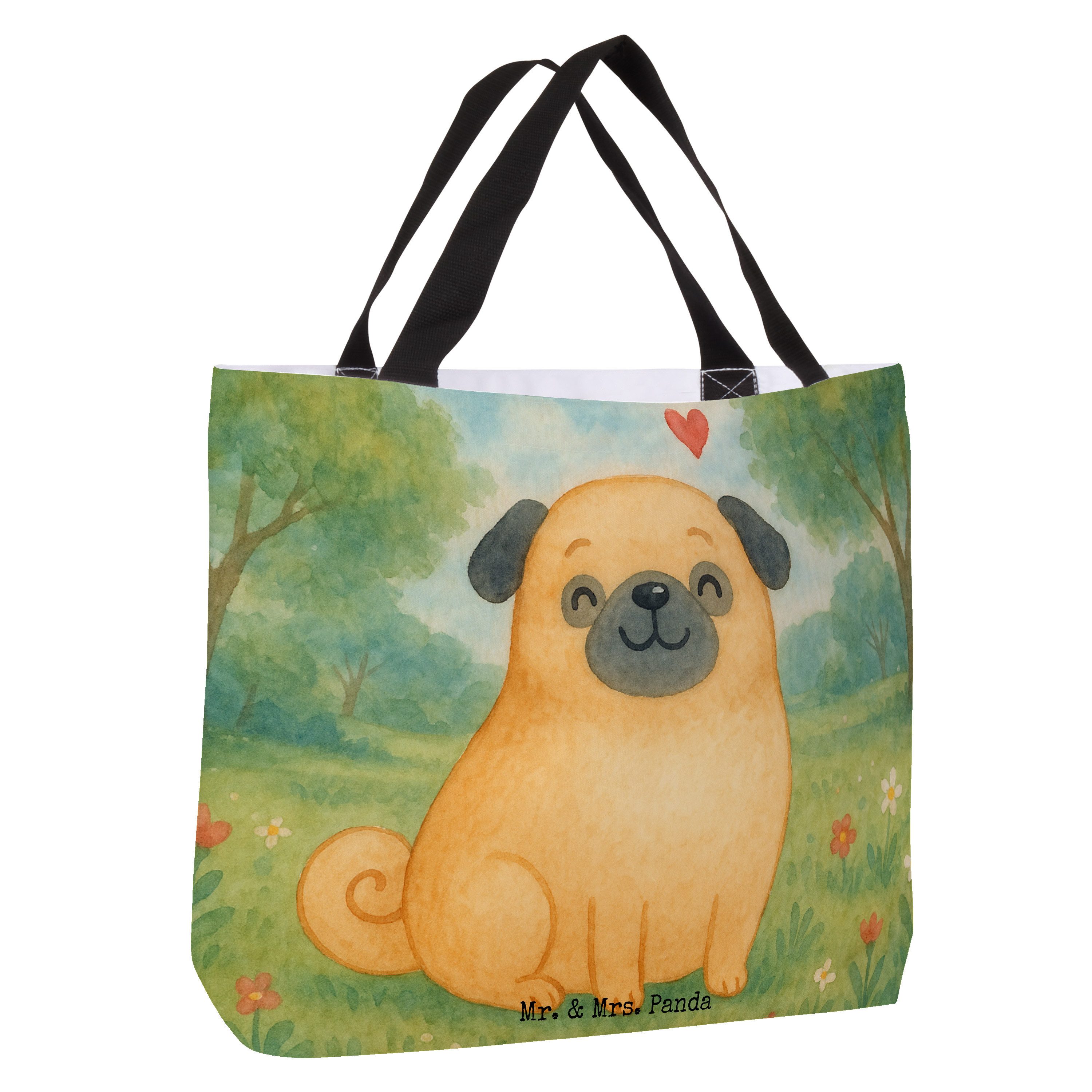 Mr. & Mrs. Panda Shopper Mops Design, Strandtasche, Weiß, Reisetasche, Knuffig, Hund, Laptopta (Packung), Schulbeutel Laptoptasche Einkaufstasche