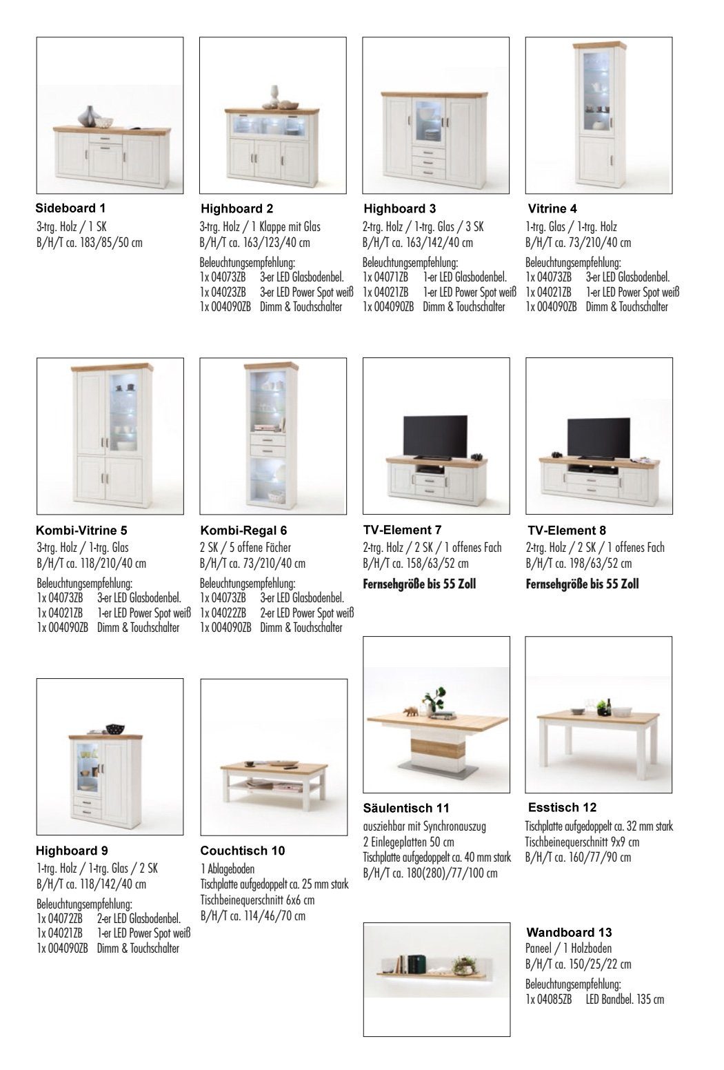 Landhausstil 369x210x52 cm Pinie Bruneck (Spar-Set, montiert weiss expendio 4-St), Wohnwand 20,