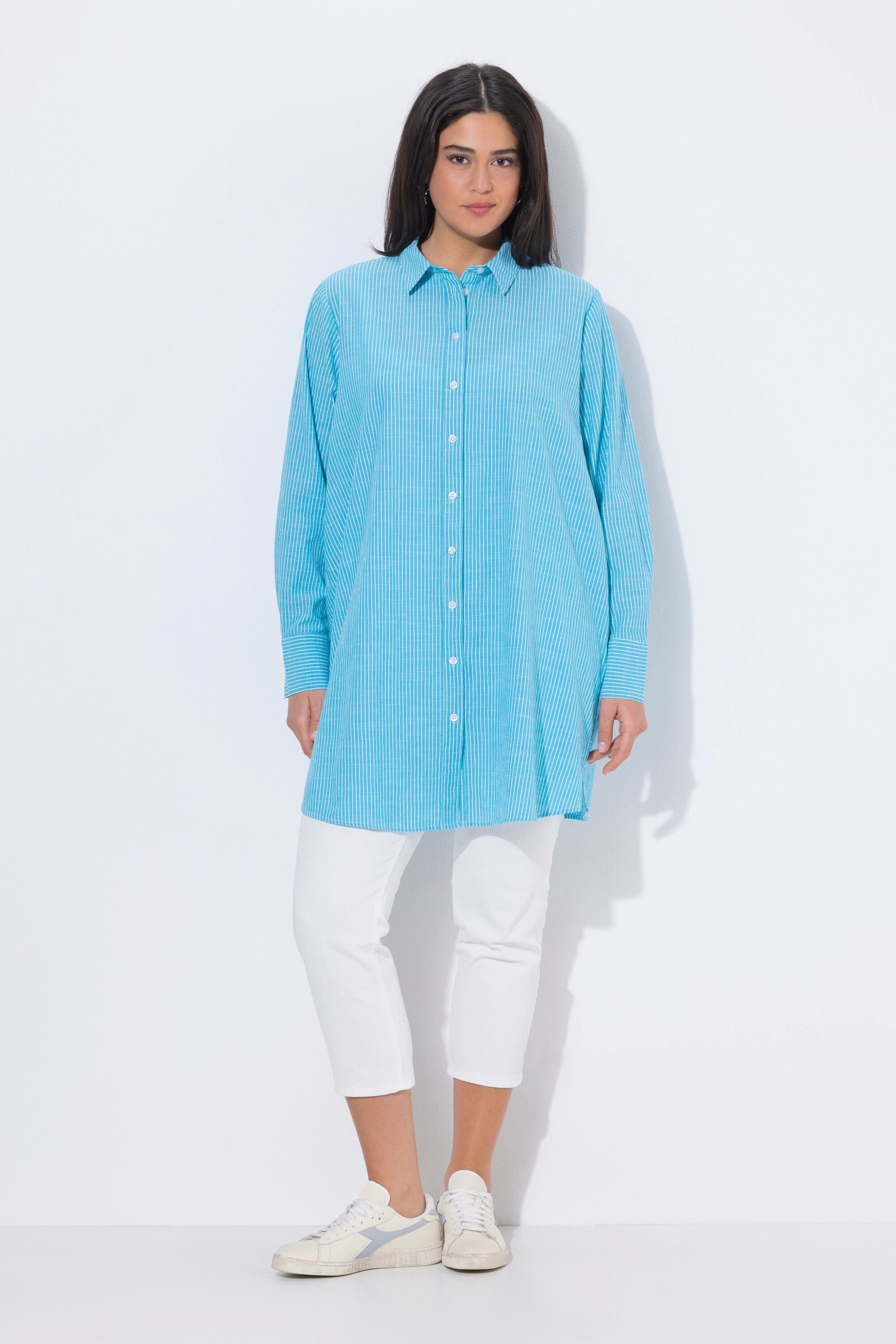 Ulla Popken Longbluse Longbluse Streifen A-Linie Hemdkragen Langarm