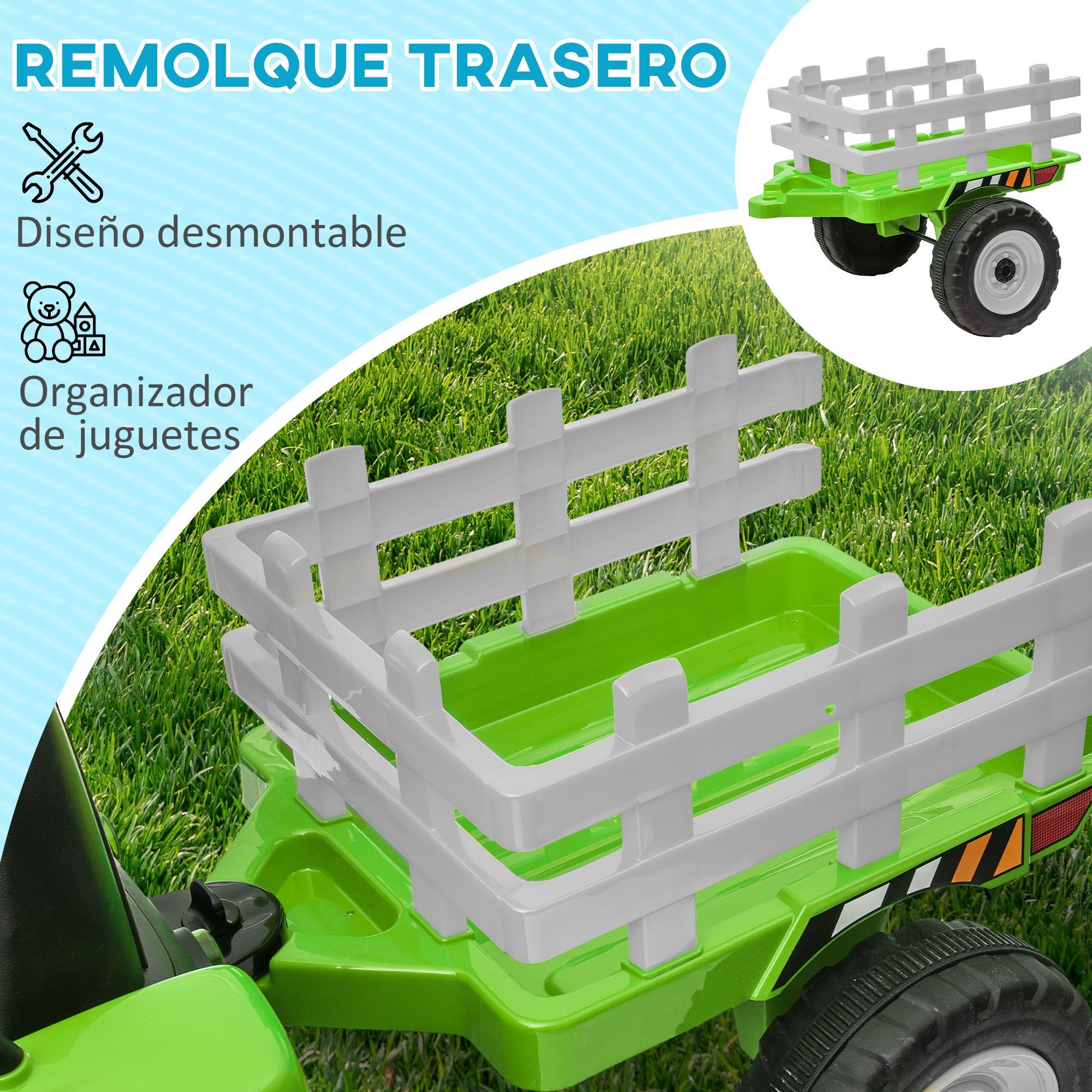 HOMCOM Elektro-Kinderauto Elektrischer Traktor, mit Anhänger, mit Fernbedienung, Belastbarkeit 30 kg, (2-tlg), für 3-6 Jahre Kinder, Grün – Bild 4 von 5