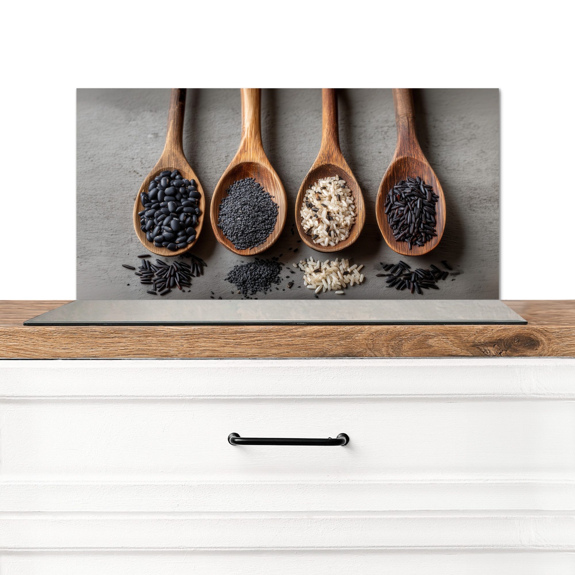 KitchenYeah Küchenrückwand Holz - Löffel - Reis - Saatgut, (1-tlg), Spritzschutz Küchenrückwand, Wandschutz, 60x30 cm