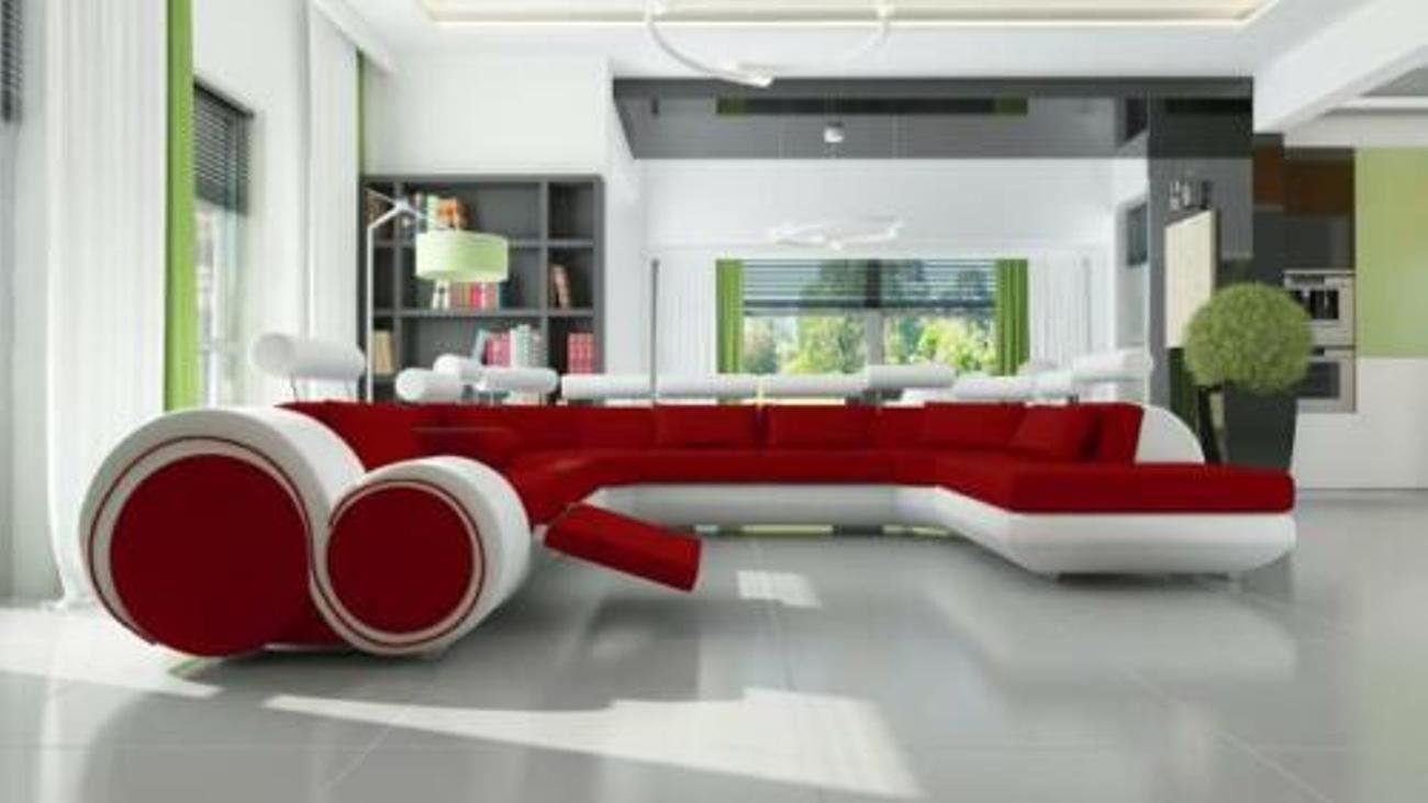 JVmoebel Ecksofa Ledersofa Sofa mit USB Couch Eck Sitz Garnitur Wohnlandschaft U Form Rot