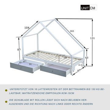 Merax Hausbett (2-tlg), mit 2 Schubladen, Kinderbett 90x200cm aus Massivholz