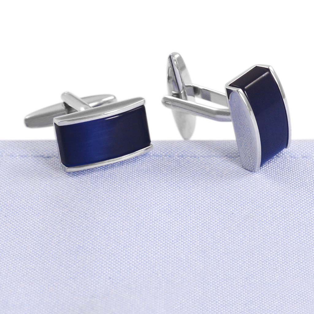 RAIKOU Manschettenknöpfe Manschettenknöpfe Messing Weißstahl-Beschichtung Blau Katzenauge, Rechteck 17×10 mm Elegant Business Hochzeit
