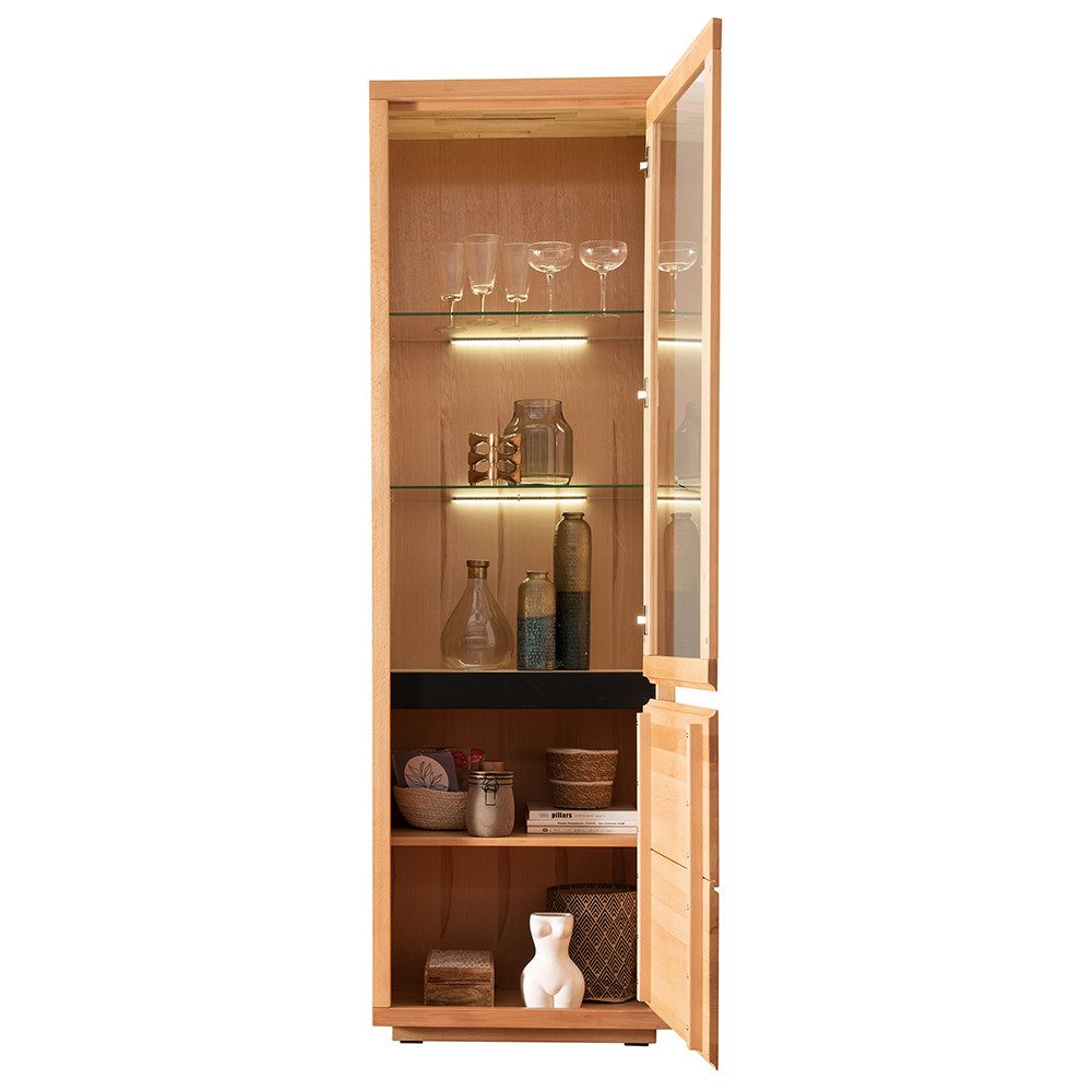 Lomadox Vitrine WINCHESTER-69 Vitrinenschrank Standvitrine 65 cm Buche massiv geölt Hirnholz-Detail