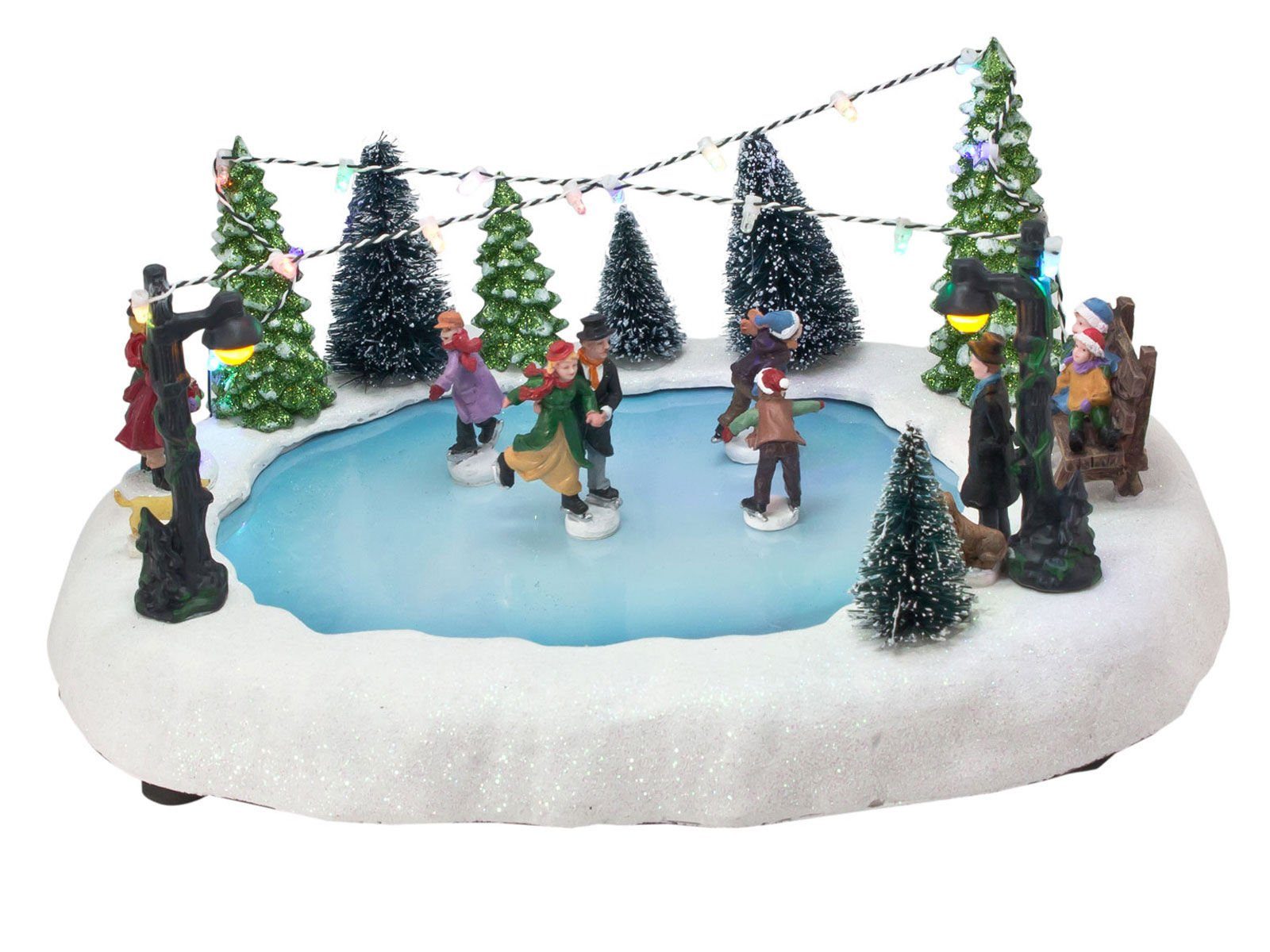 Weihnachtsszene Eisbahn mit fahrenden Figuren und LED Beleuchtung