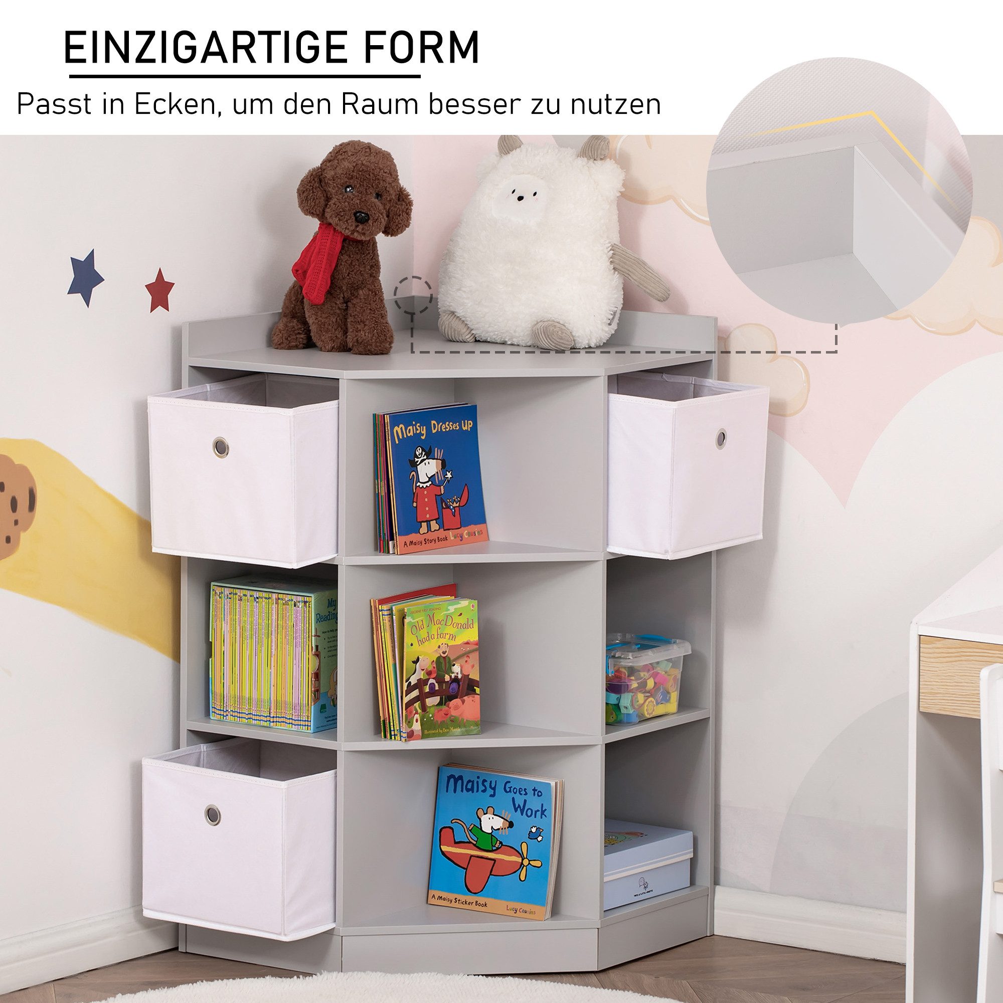 HOMCOM Kinderregal Bücherregal Kinderzimmerregal, 7 offene Fächer, Kindergarten, Eckregal mit 3 Aufbewahrungsboxen 1-tlg., für Kinderzimmer, für 3-12 Jahre Kind – Bild 4 von 5