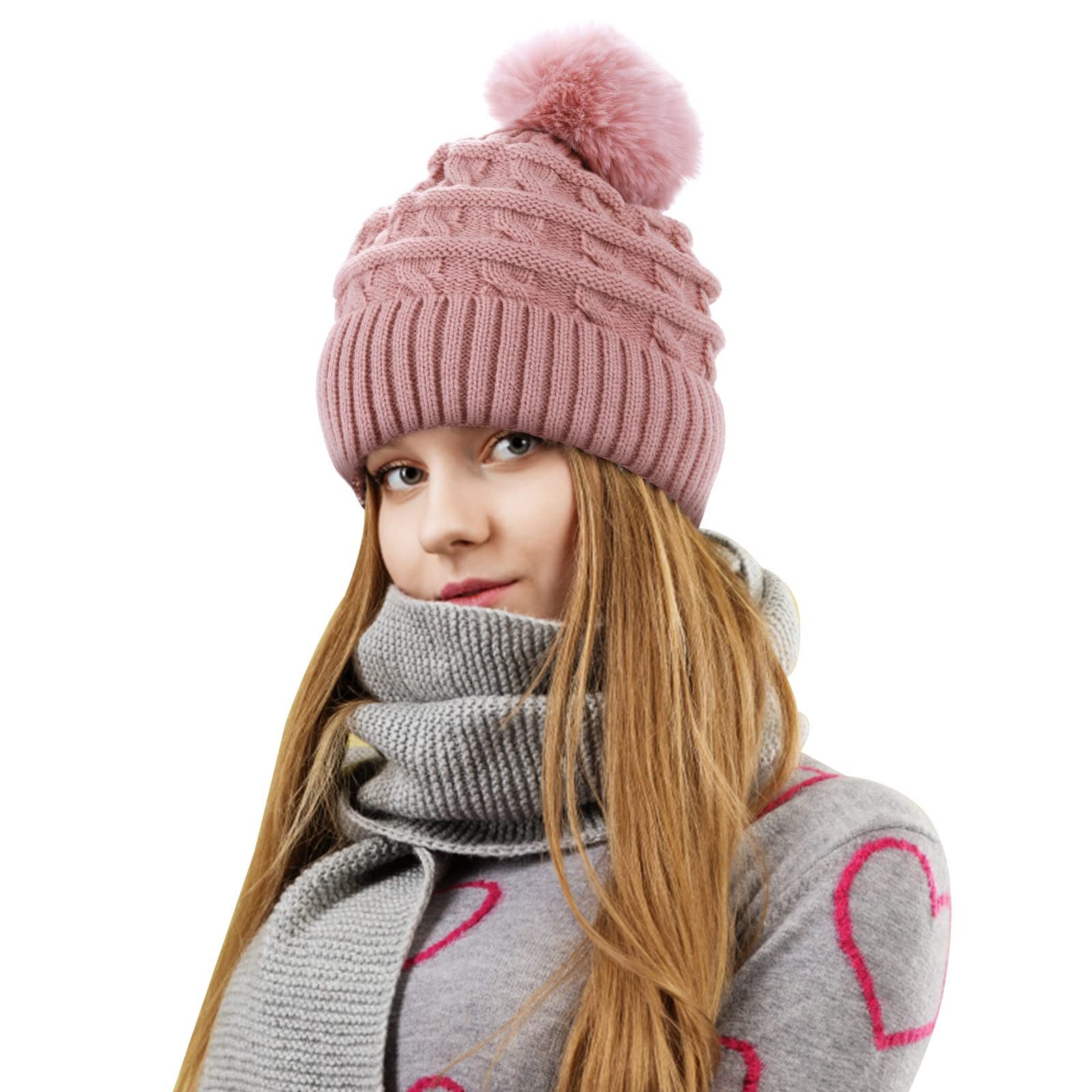 Cachito Bommelmütze Damen Wintermütze, Thermo-Fleece-gefütterte Mütze, Strickmütze Wollmützen mit Kunstfell-Bommel