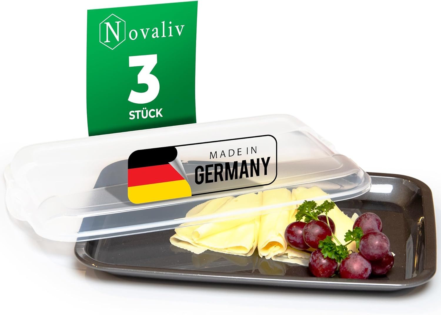 Novaliv 30650-3x (3 St), Novaliv 3er-Set Anthrazit Premium Aufschnittbox mit Transparentem Deck