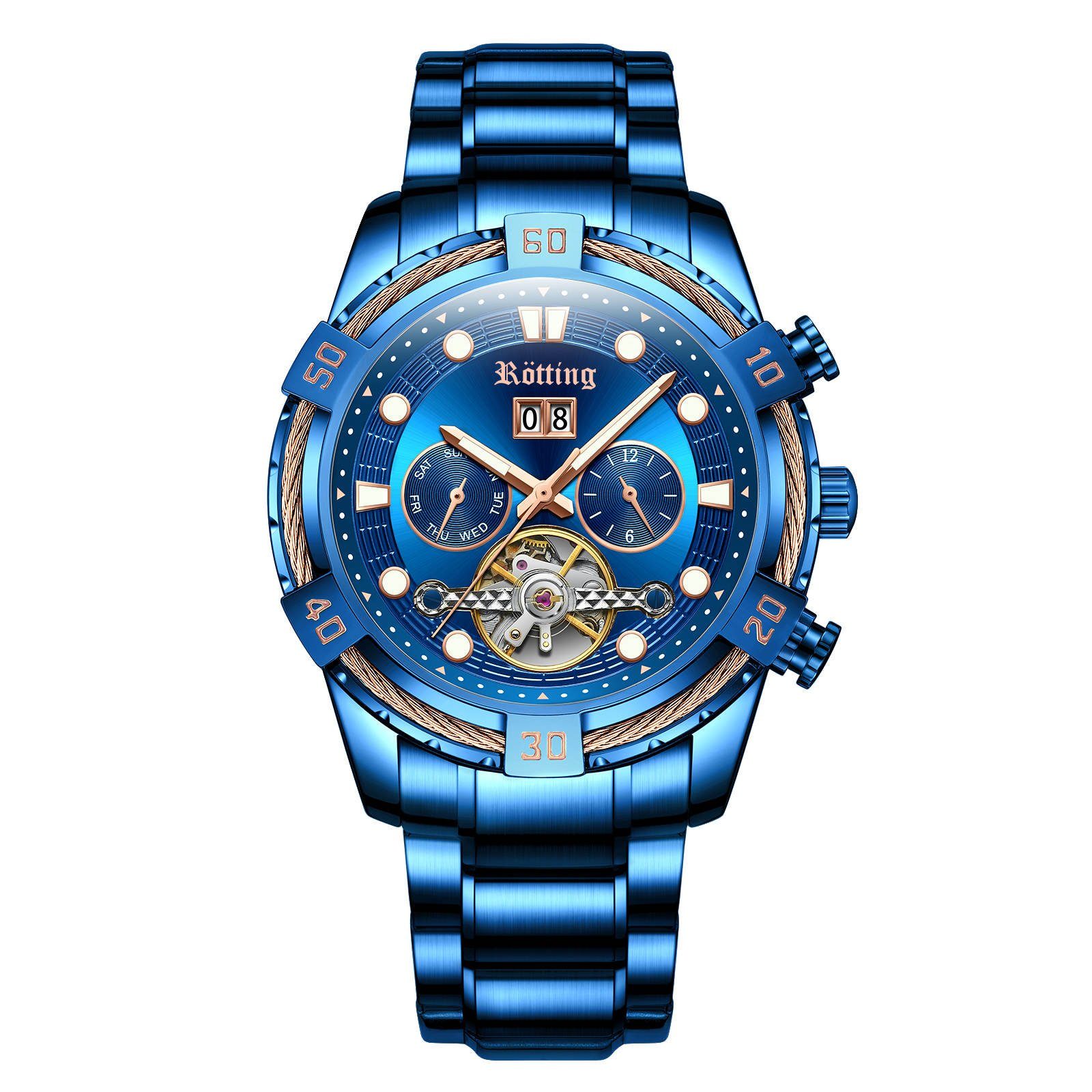 Automatikuhr Rötting Design Herrenuhr Automatikuhr Datum Wochentag Monat blau