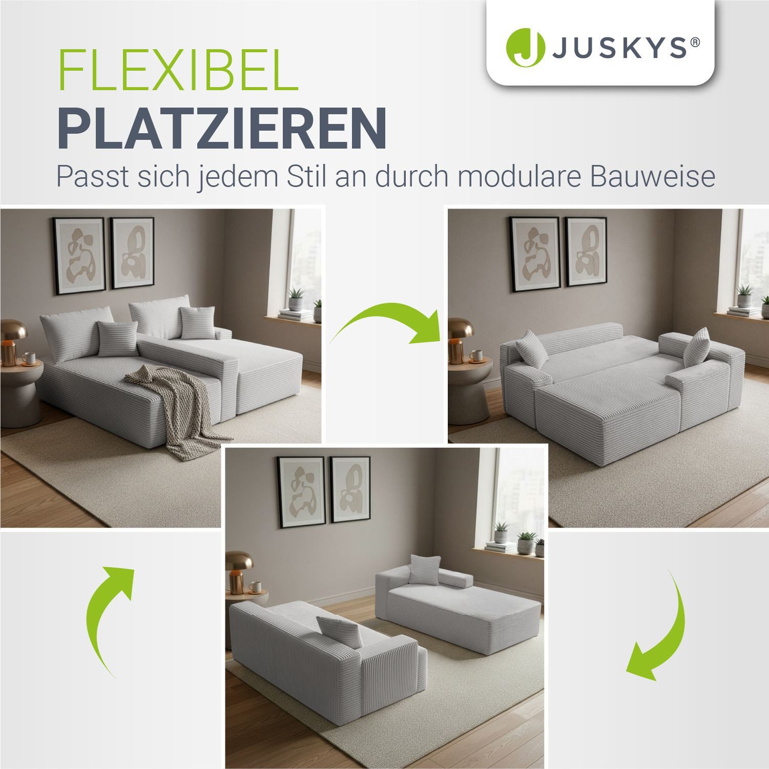 Juskys Ecksofa Coredo, Ecksofa, mit Rücken- & Dekokissen, Cordbezug, Modular platzierbar