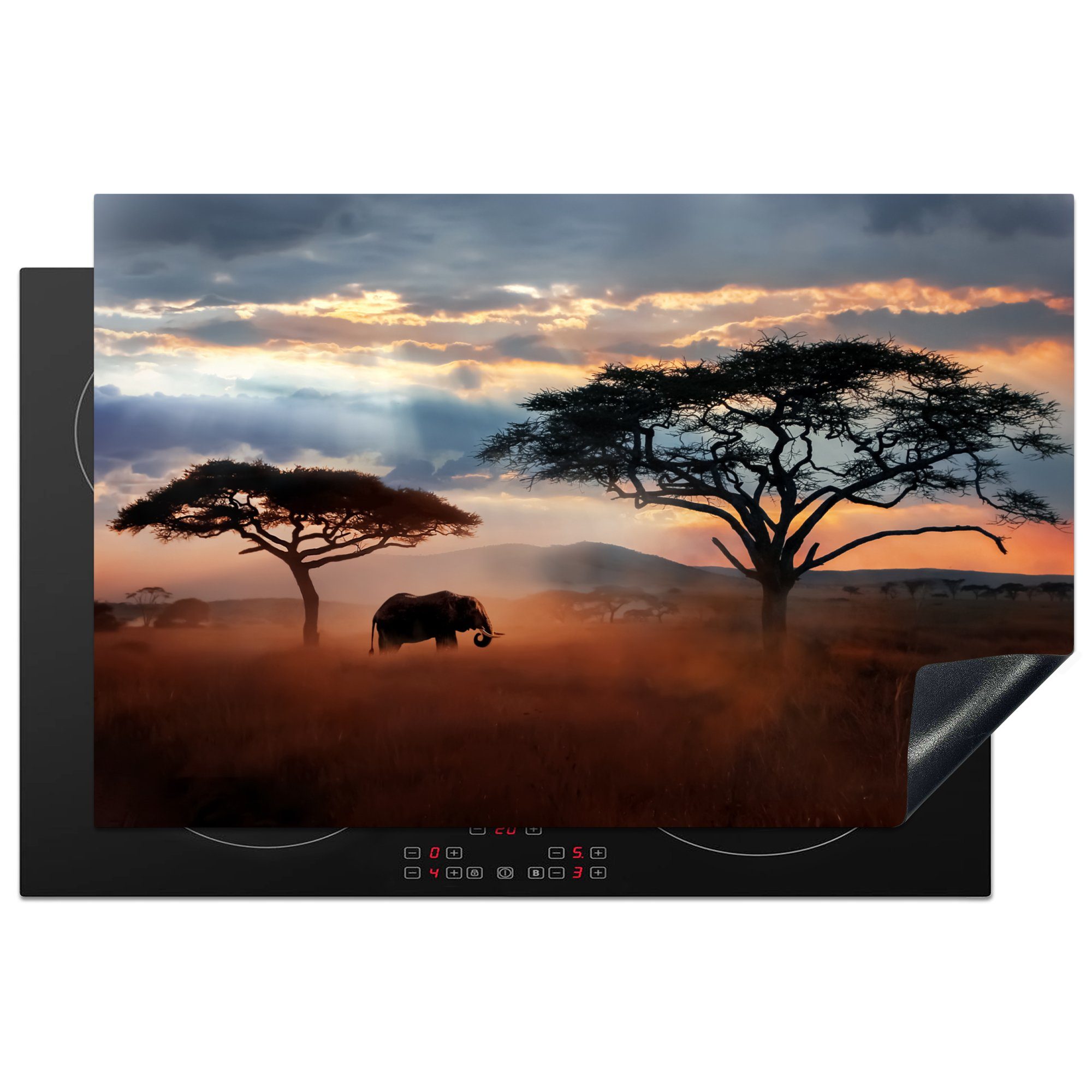 MuchoWow Herdblende-/Abdeckplatte Elefant - Baum - Berg - Afrika, Vinyl, (1 tlg), 81x52 cm, Induktionskochfeld Schutz für die küche, Ceranfeldabdeckung