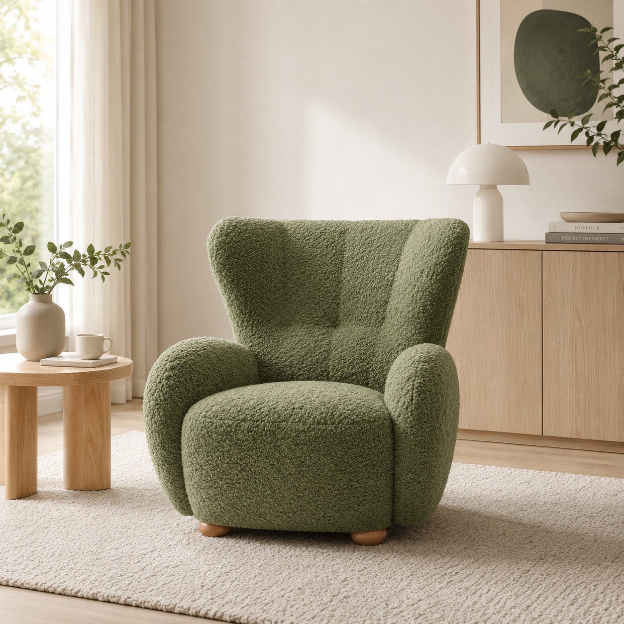 Goldstoff Sessel HUGSY Relaxsessel Boucle mit hoher Rückenlehne – Skandi & Boho Stil (Einzelsessel, Loungesessel), mit Relaxfunktion