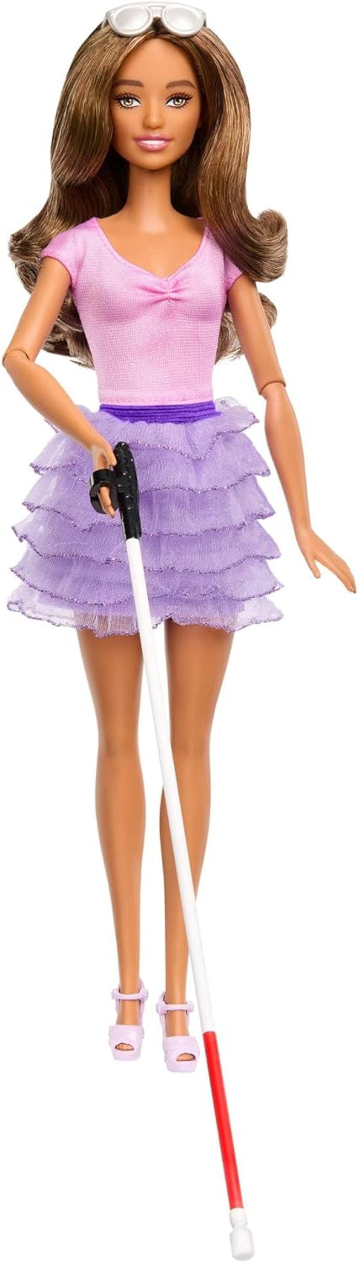 Barbie Anziehpuppe Barbie Fashionistas blinde Puppe Rock mit Rüschen Blindenstock