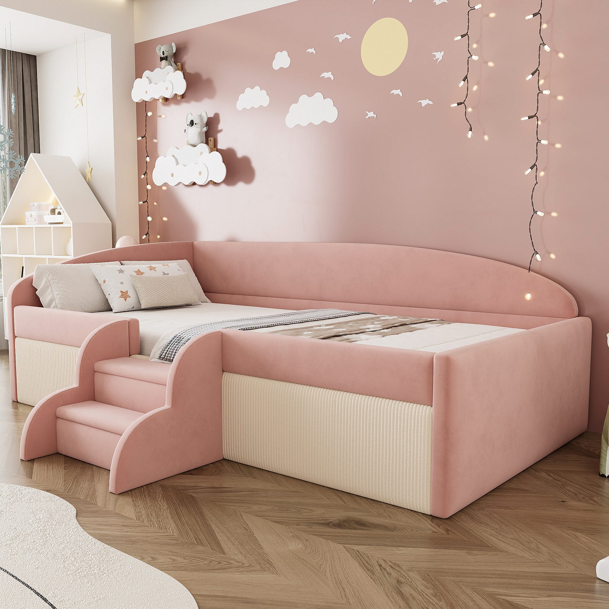 Merax Daybett (Einzelbett Jugendbett Tagesbett Schlafsofa Sofabett, 1 tlg), Polsterbett 90x190cm mit Stufen & Schutzgeländer, Kinderbett,Samtstoff