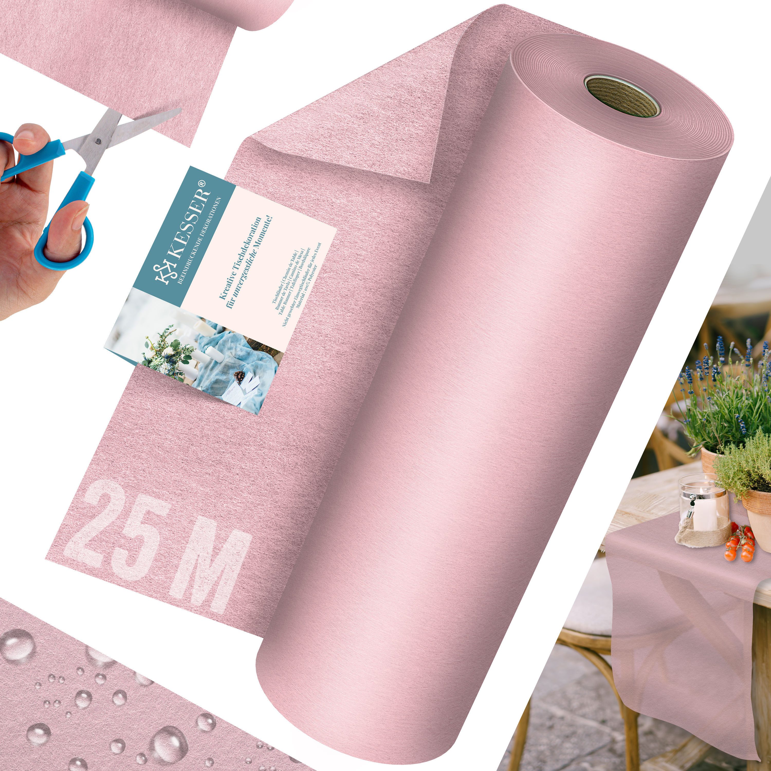 KESSER Tischläufer 25 m × 30 cm, wasserabweisend & abwaschbar, 30 g/m², anpassbare Vlies-Tischdekoration – für Feste aller Art geeignet